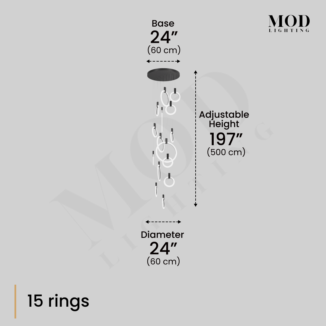 Skyla chandelier dimension diagram, 15 rings: 197 in adjustable height, 24 in base and diameter