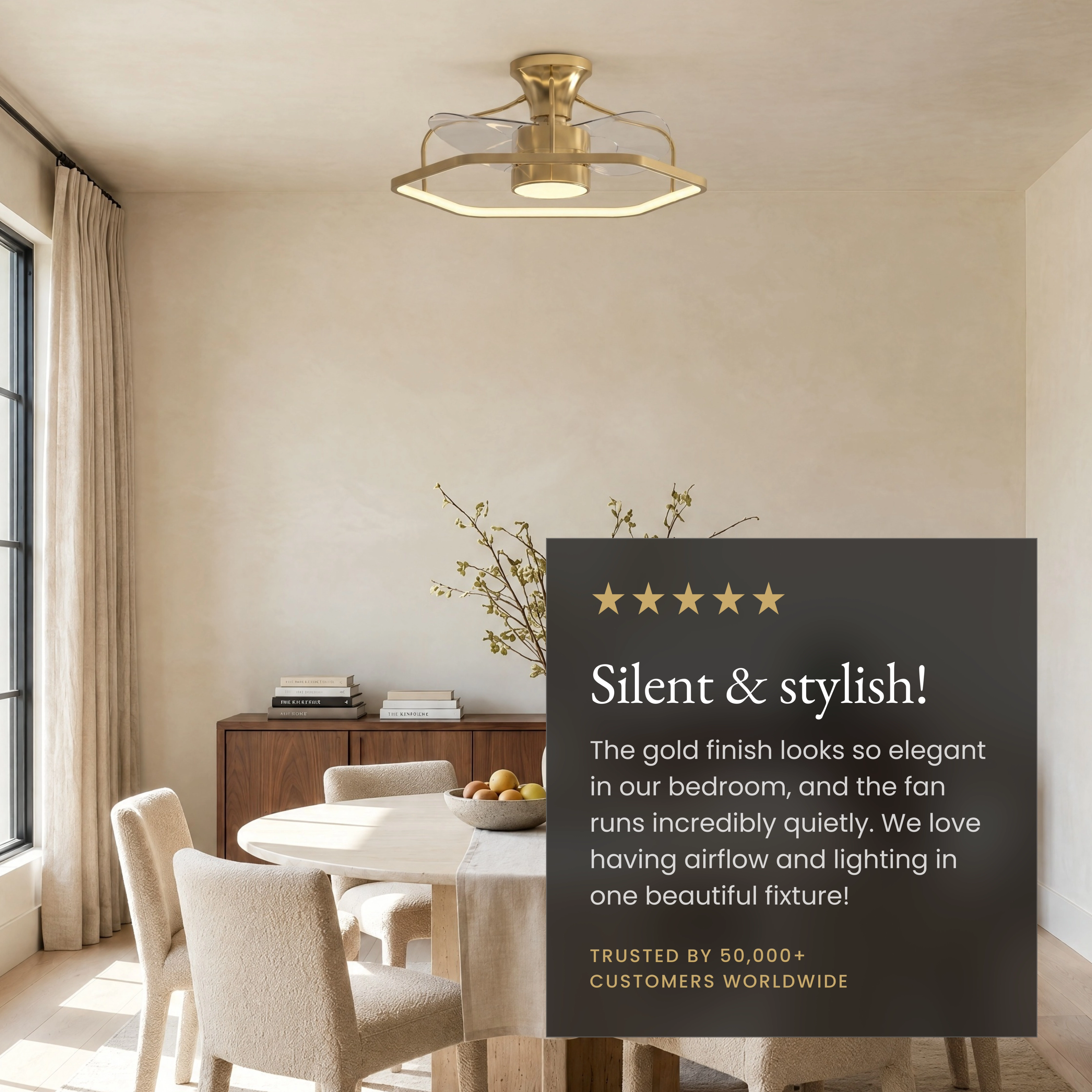 Virelle gold caged ceiling fan light above a desk, labeled silent fan, 6-speed reversible, replaceable LED