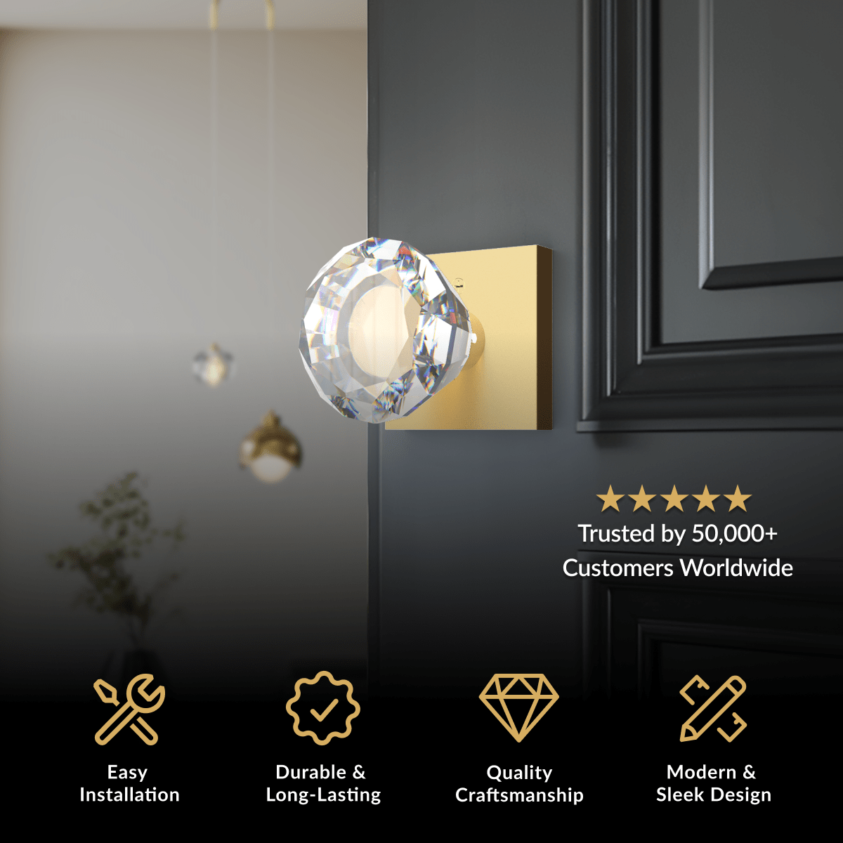 Royale Crystal Door Handle in brushed gold with faceted crystal knob on a dark door