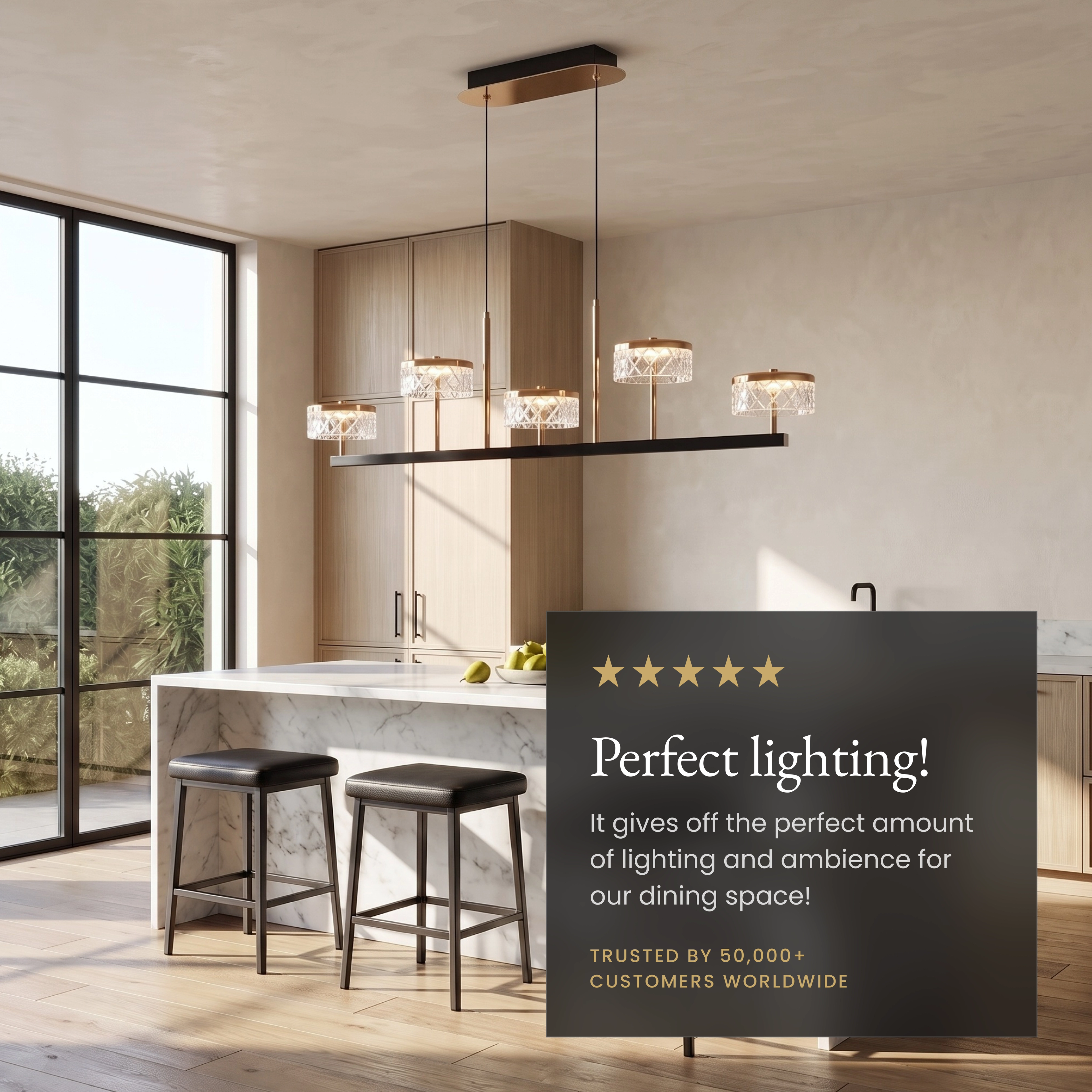 Emma linear pendant over a kitchen island, callouts noting dimmer-compatible, slanted-ceiling ready and adjustable length