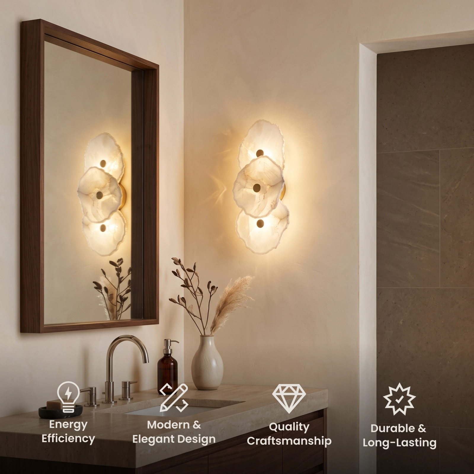 Alba Sconce Smart alabaster petal wall sconce beside a bathroom mirror, with feature icons