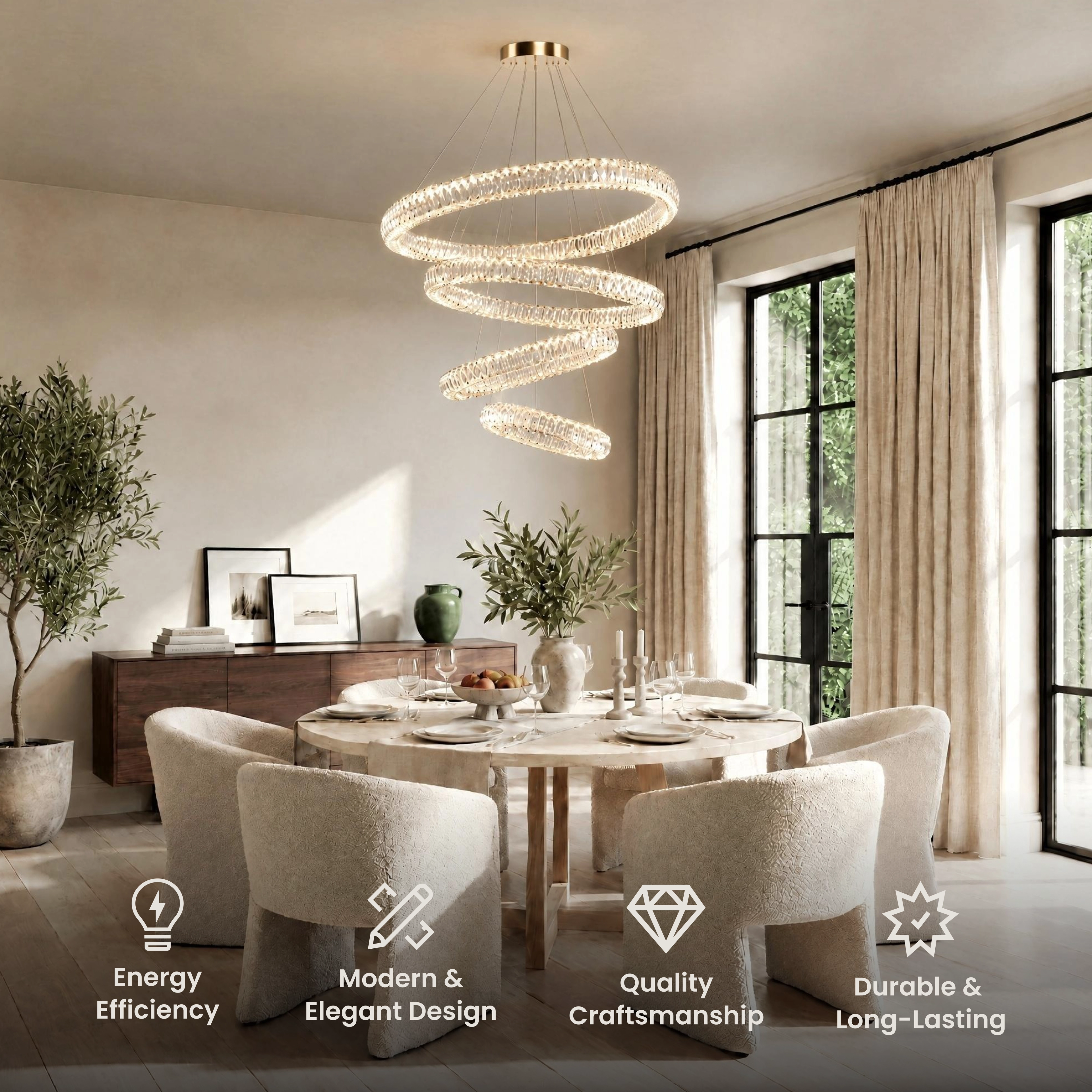 Janice pendant, two stacked gold crystal-studded rings, hung against floor-to-ceiling windows