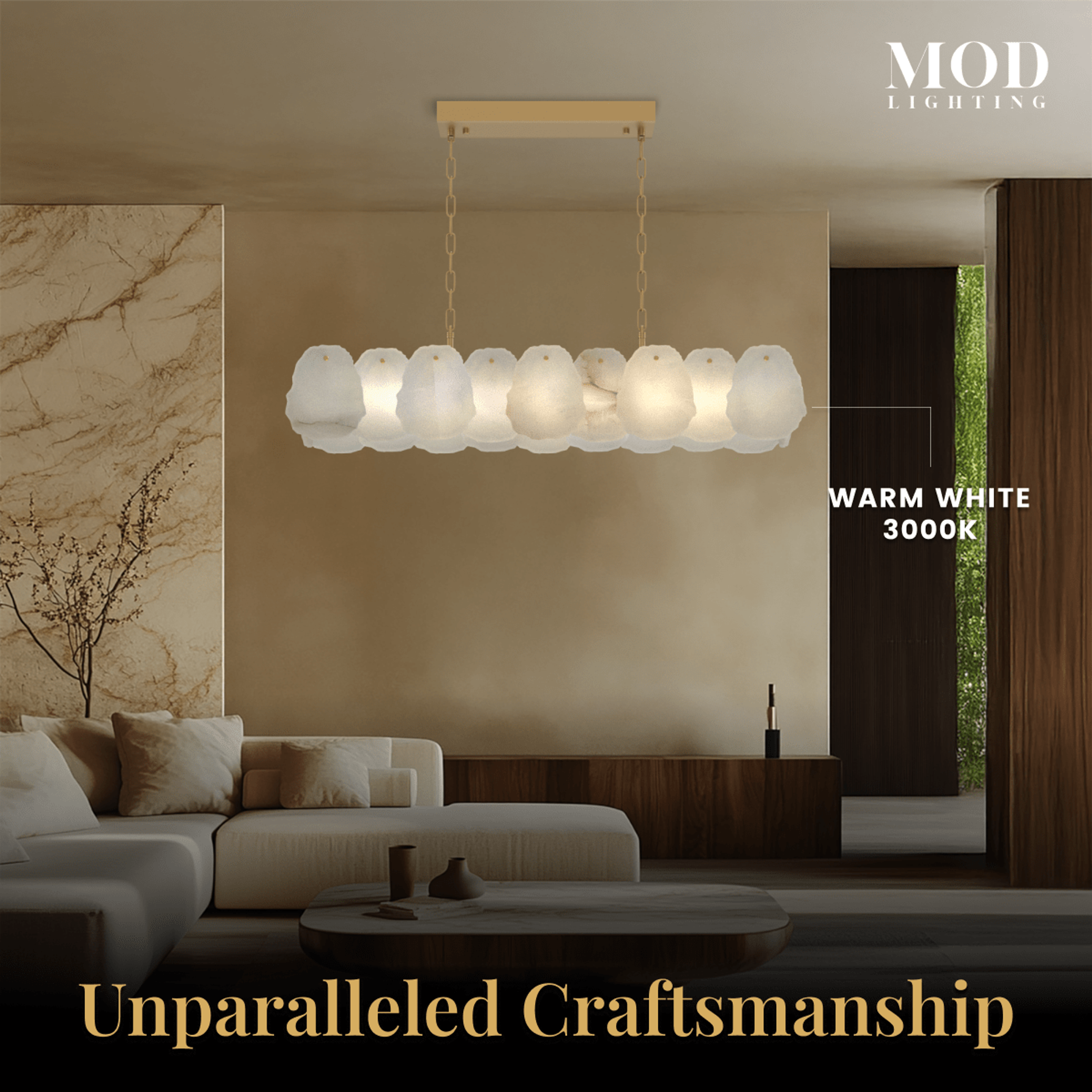 Alba Pendant glowing warm white over a beige living room, alabaster-petal linear bar on a slim gold frame