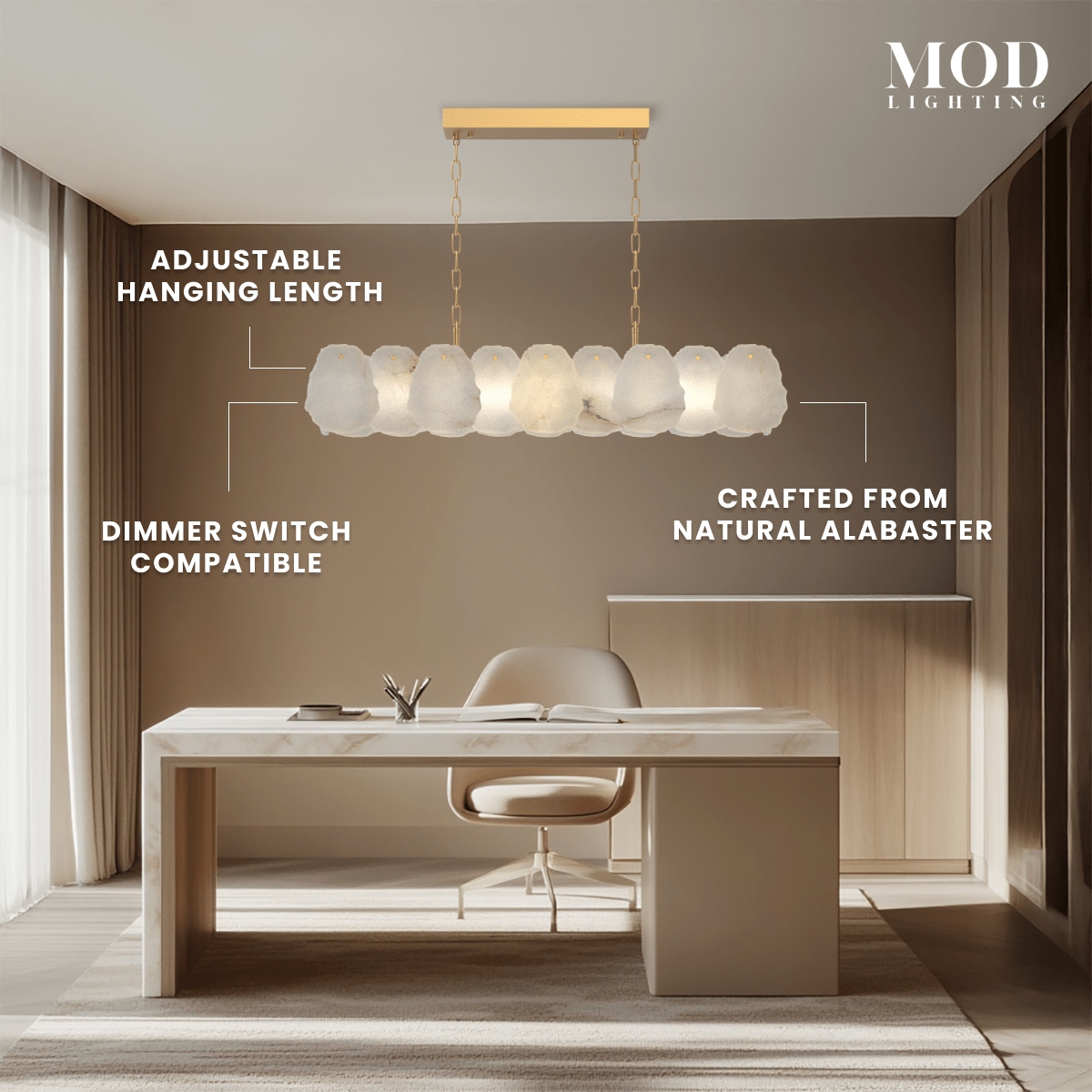 Alba Pendant, alabaster-petal linear bar on gold frame over a marble desk; notes adjustable length and dimmer compatibility