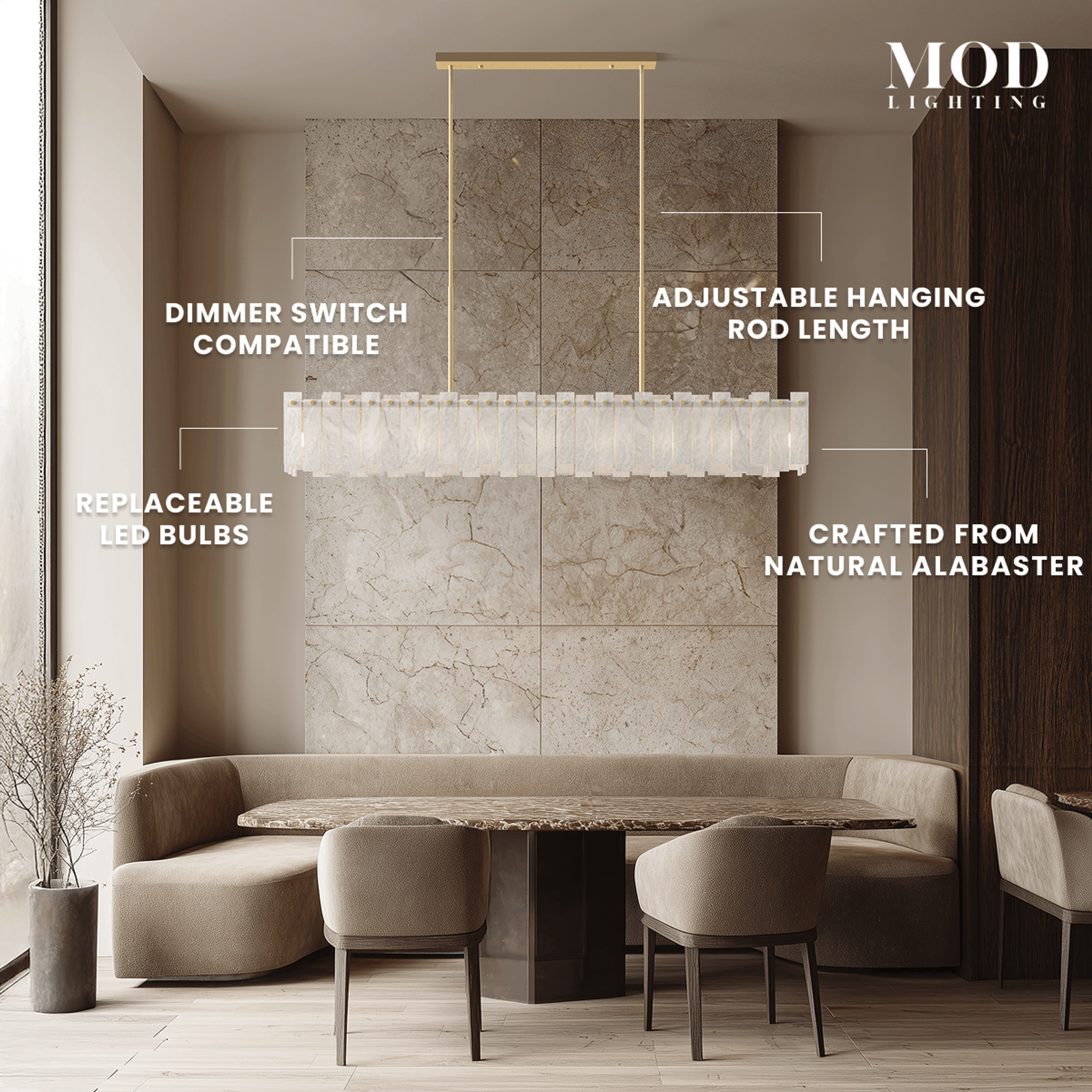 Velina Pendant gold linear alabaster fixture with panelled shade over a dining table on a stone wall