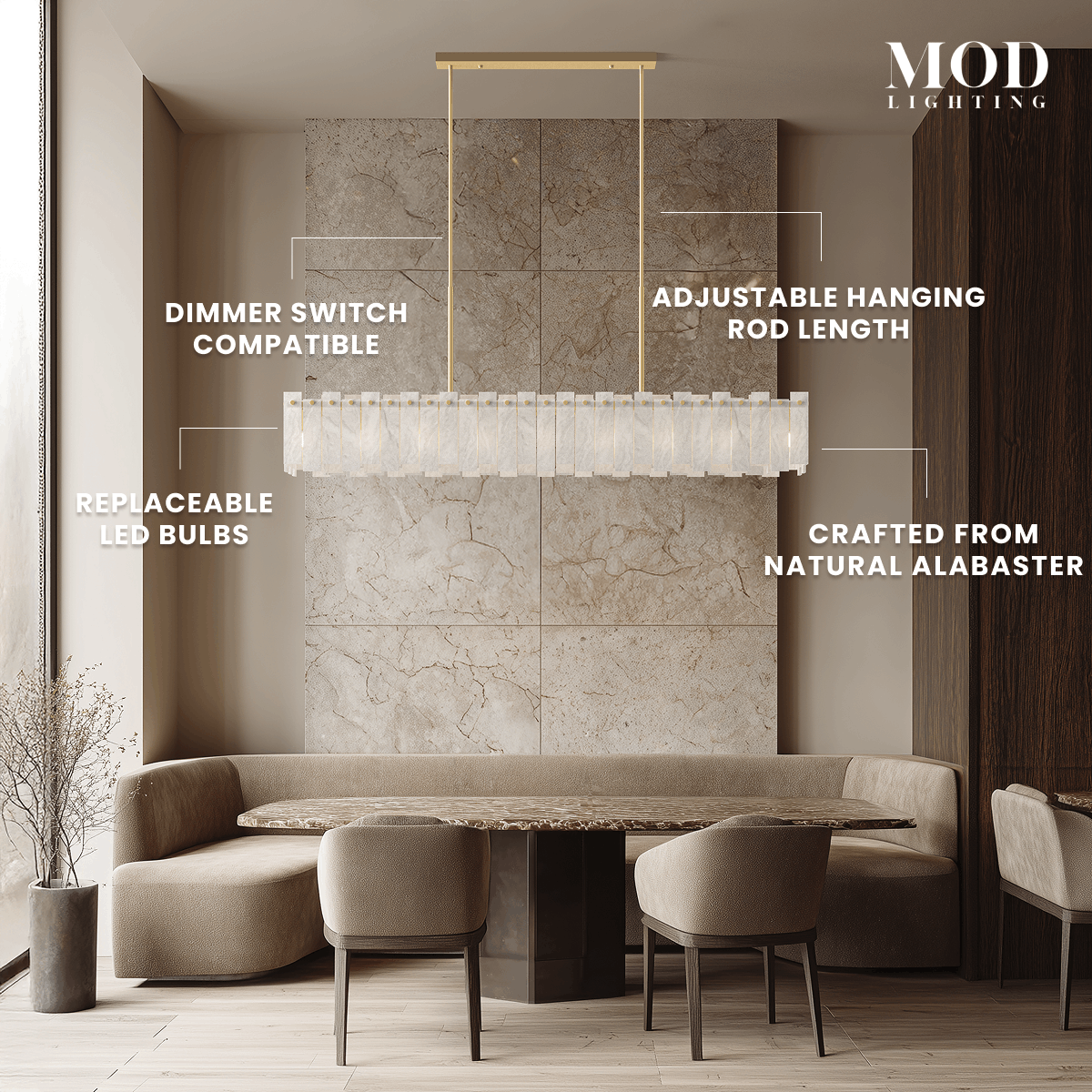 Velina Pendant gold linear alabaster fixture with panelled shade over a dining table on a stone wall
