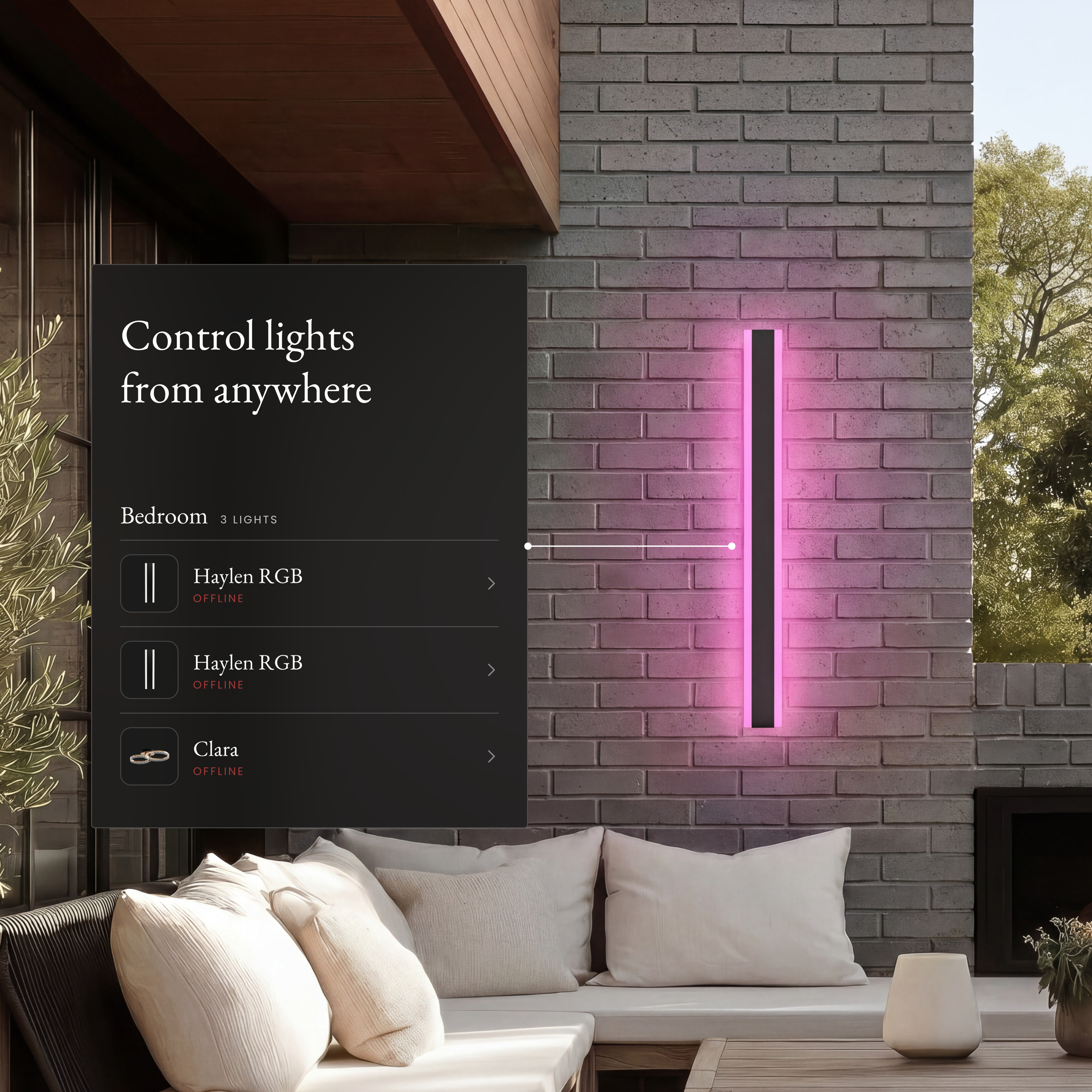 Haylen RGB smart LED bar wall light glowing pink on brick, beside an app panel controlling two Haylen lights
