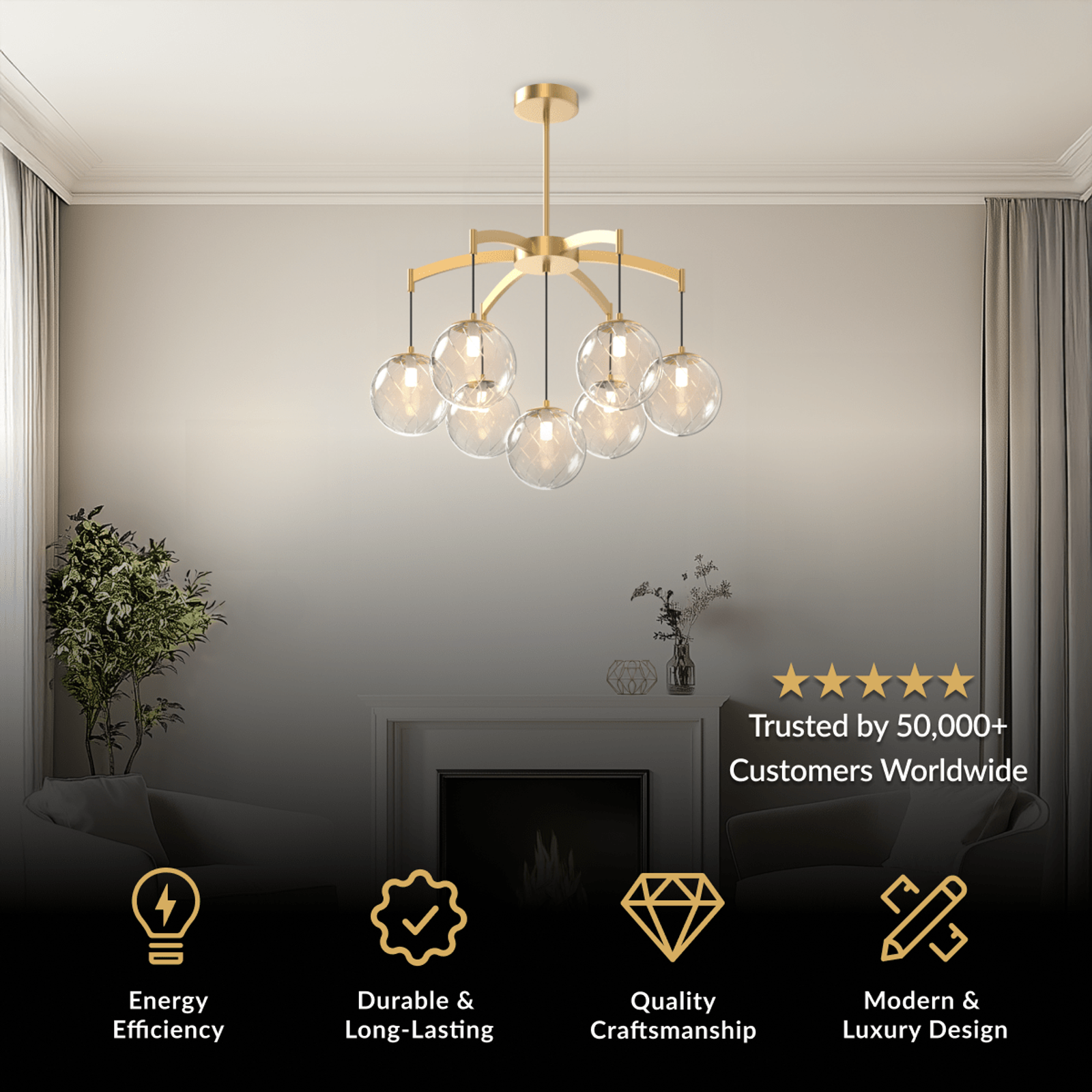 Mirella Chandelier, six clear glass globes on a brass sputnik frame, in a living room