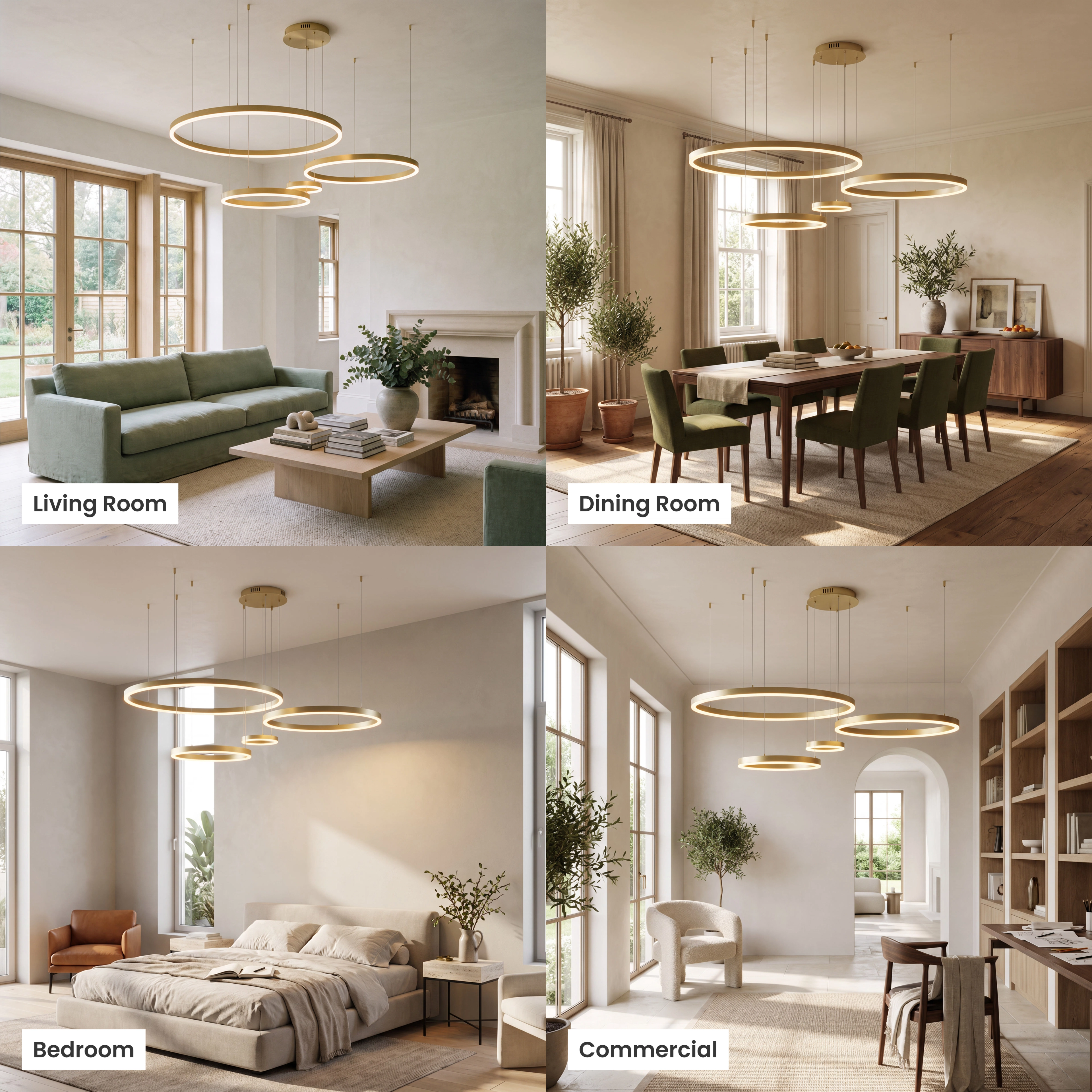 Charlotte chandelier, tiered concentric black-and-gold LED rings suspended over a living, dining and bedroom