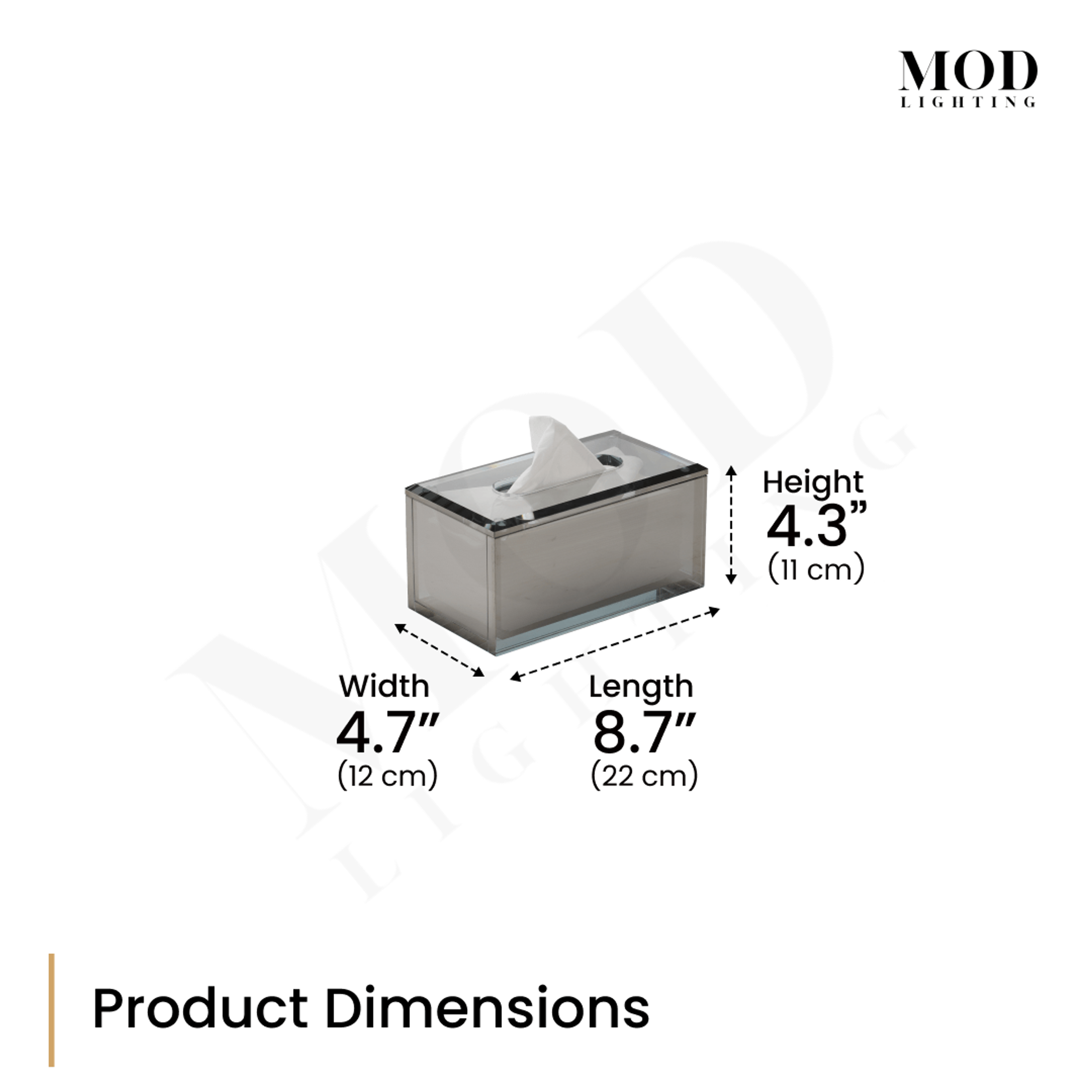 Moonlit Crystal Tissue Box, dimension diagram of the smoky crystal cover: 8.7 in long, 4.7 in wide, 4.3 in high