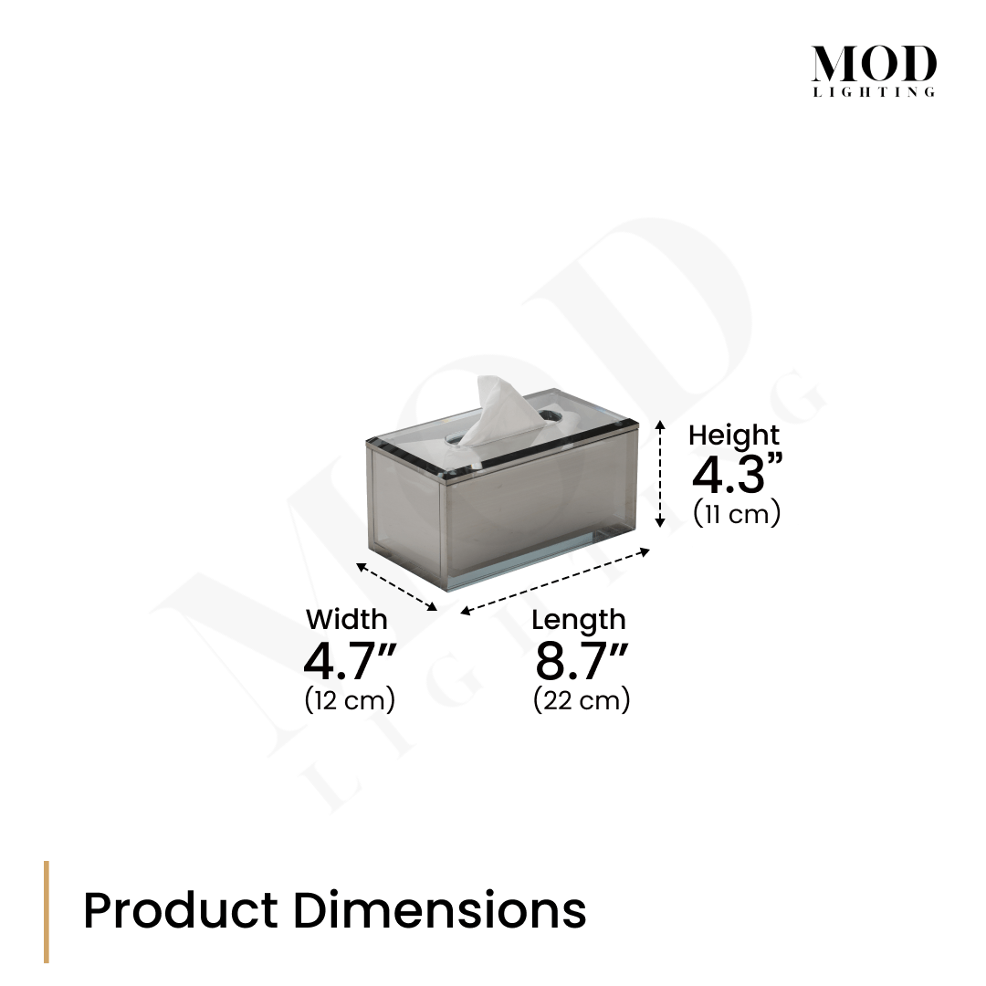 Moonlit Crystal Tissue Box, dimension diagram of the smoky crystal cover: 8.7 in long, 4.7 in wide, 4.3 in high