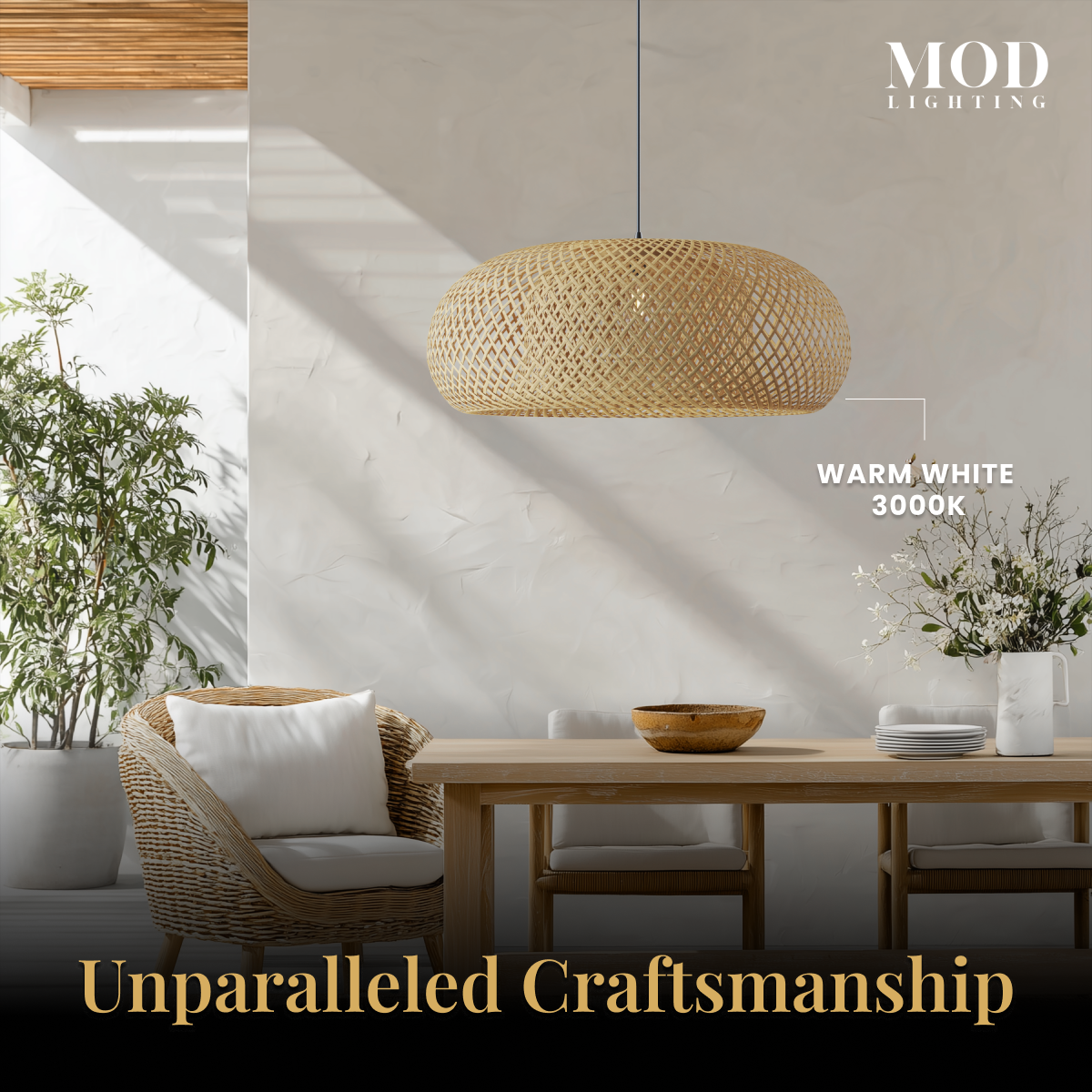 Amara bamboo dome pendant, rounded woven disc form, over a dining table in warm white, 3000K