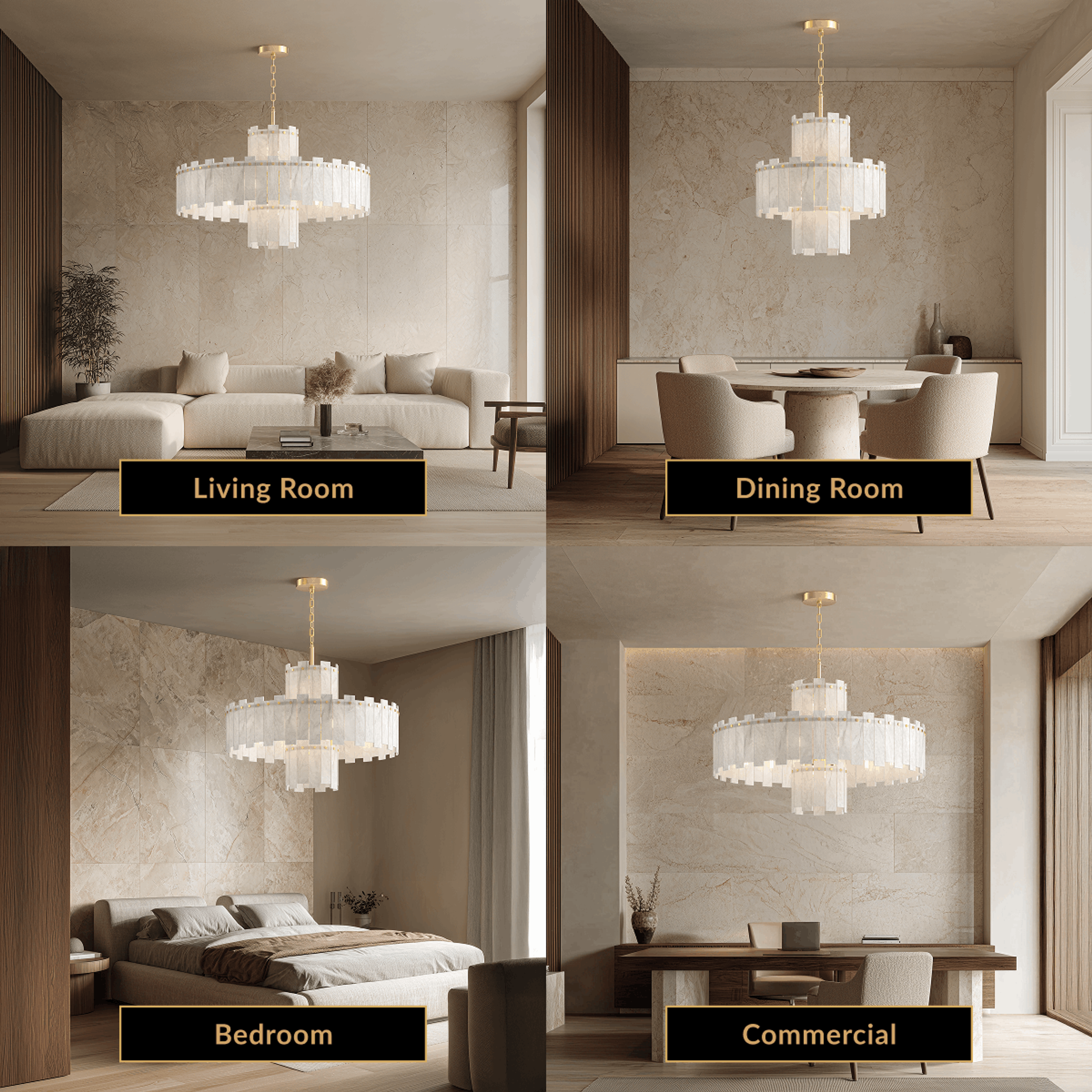 Velina brass chandelier with tiered white alabaster panels, in living room, dining, bedroom and commercial spaces