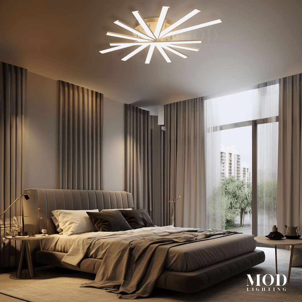Jayce ceiling light, black starburst of slim linear LED bars, mounted on a bedroom ceiling