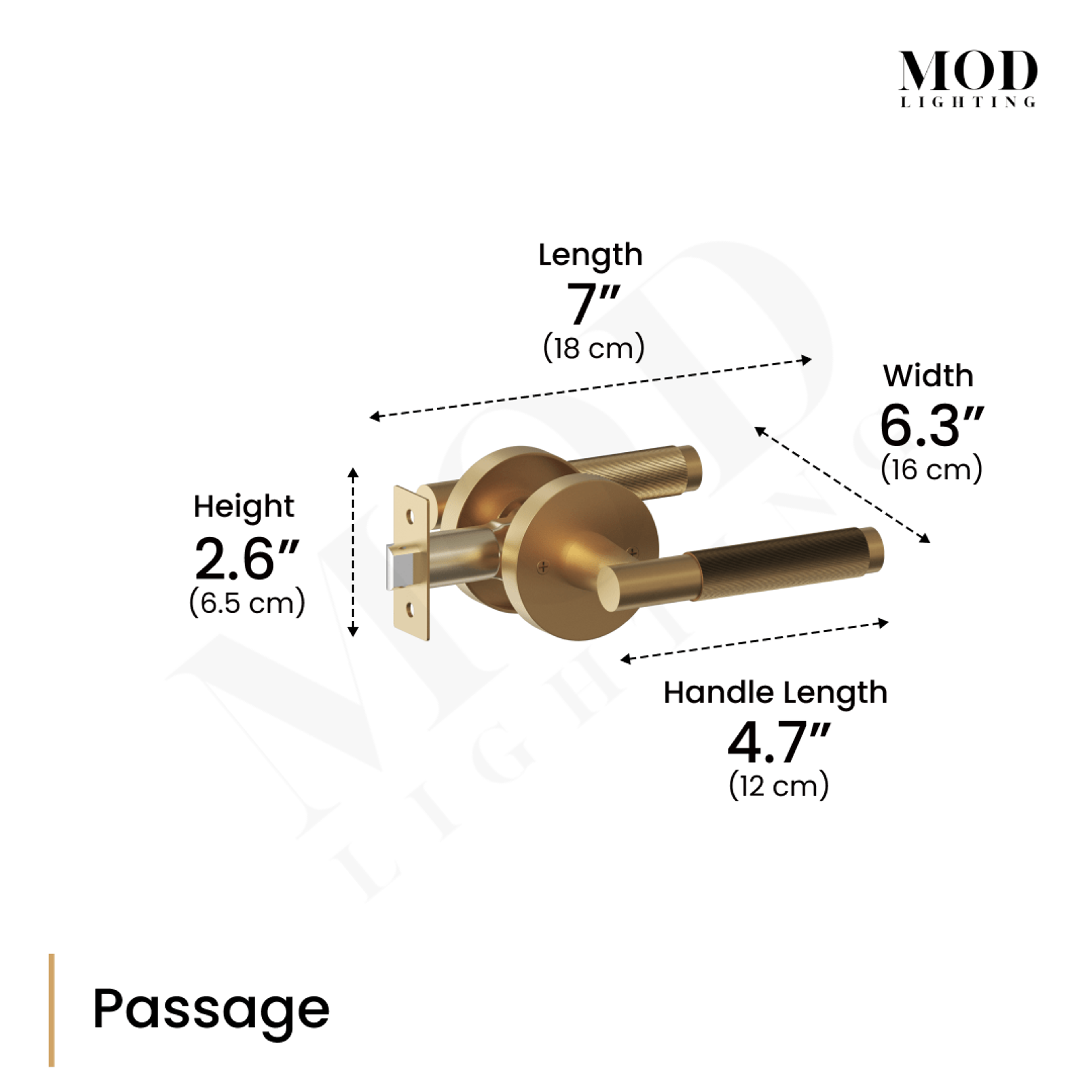 Carrington passage-set dimension diagram, brushed-gold knurled lever with 7 in length and 4.7 in handle callouts