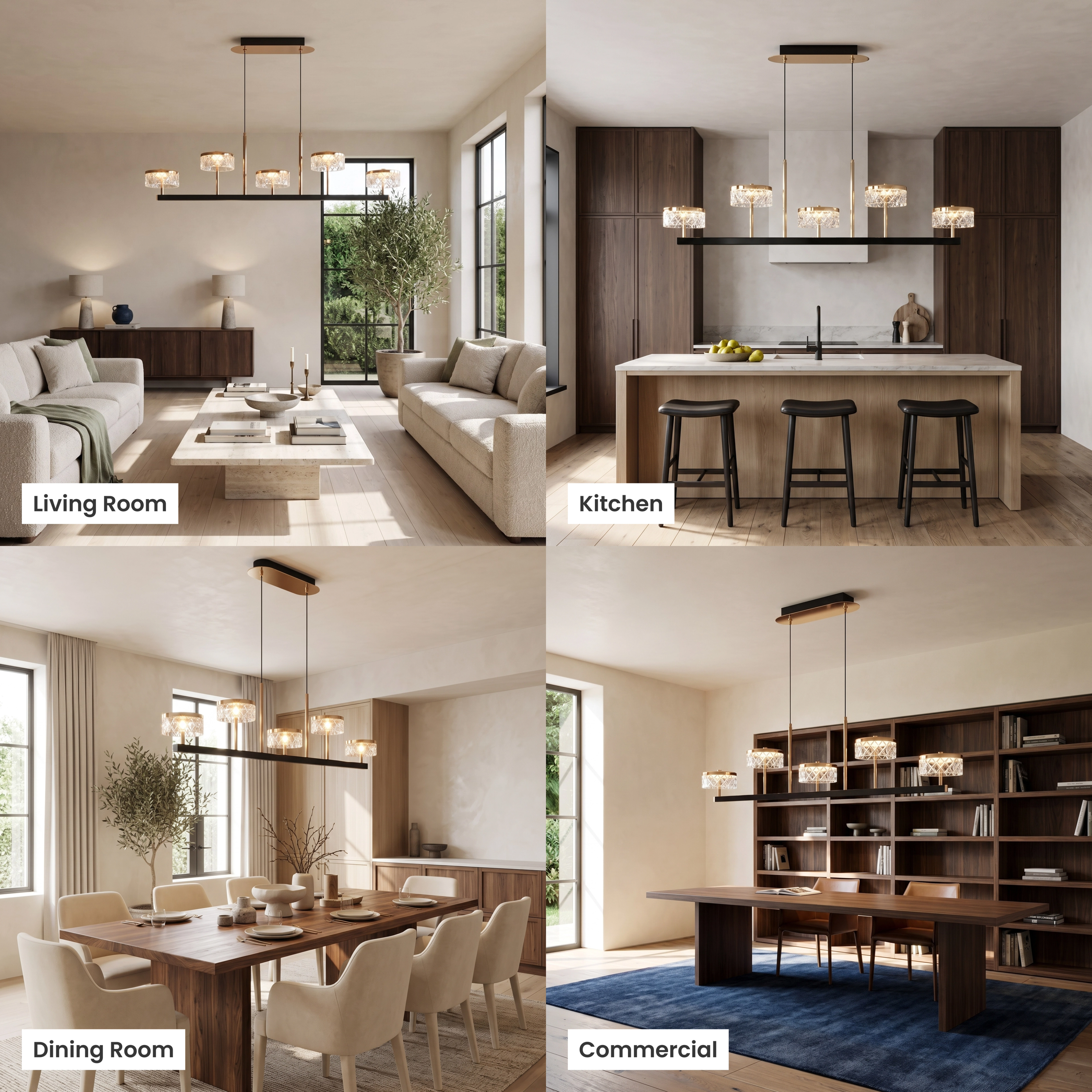 Emma linear pendant, five gold and pearl-black crystal drum shades on a bar, shown in living, dining, bedroom and commercial 
