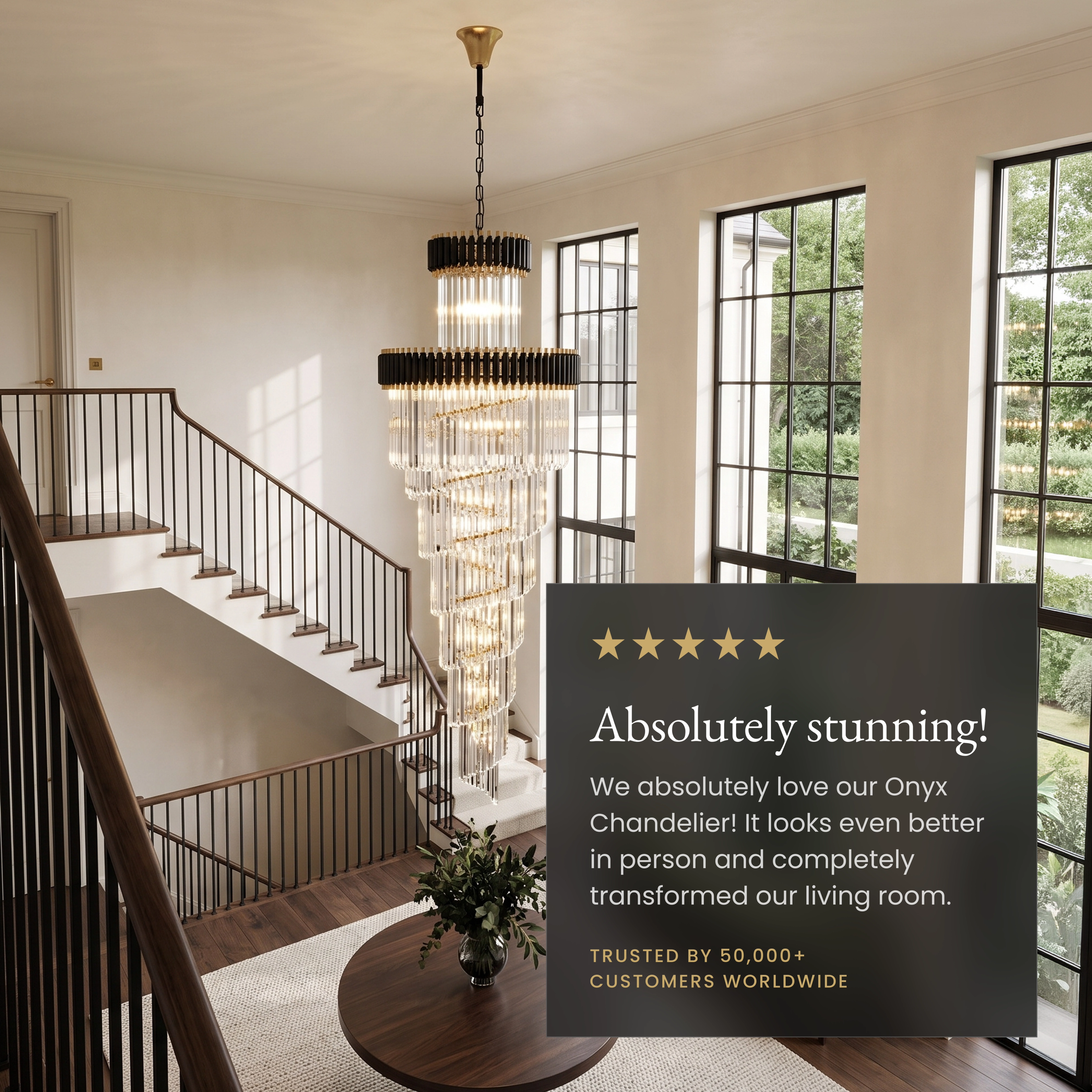 Onyx tall spiral crystal chandelier in a living room, noting premium crystals, adjustable chain and dimmer