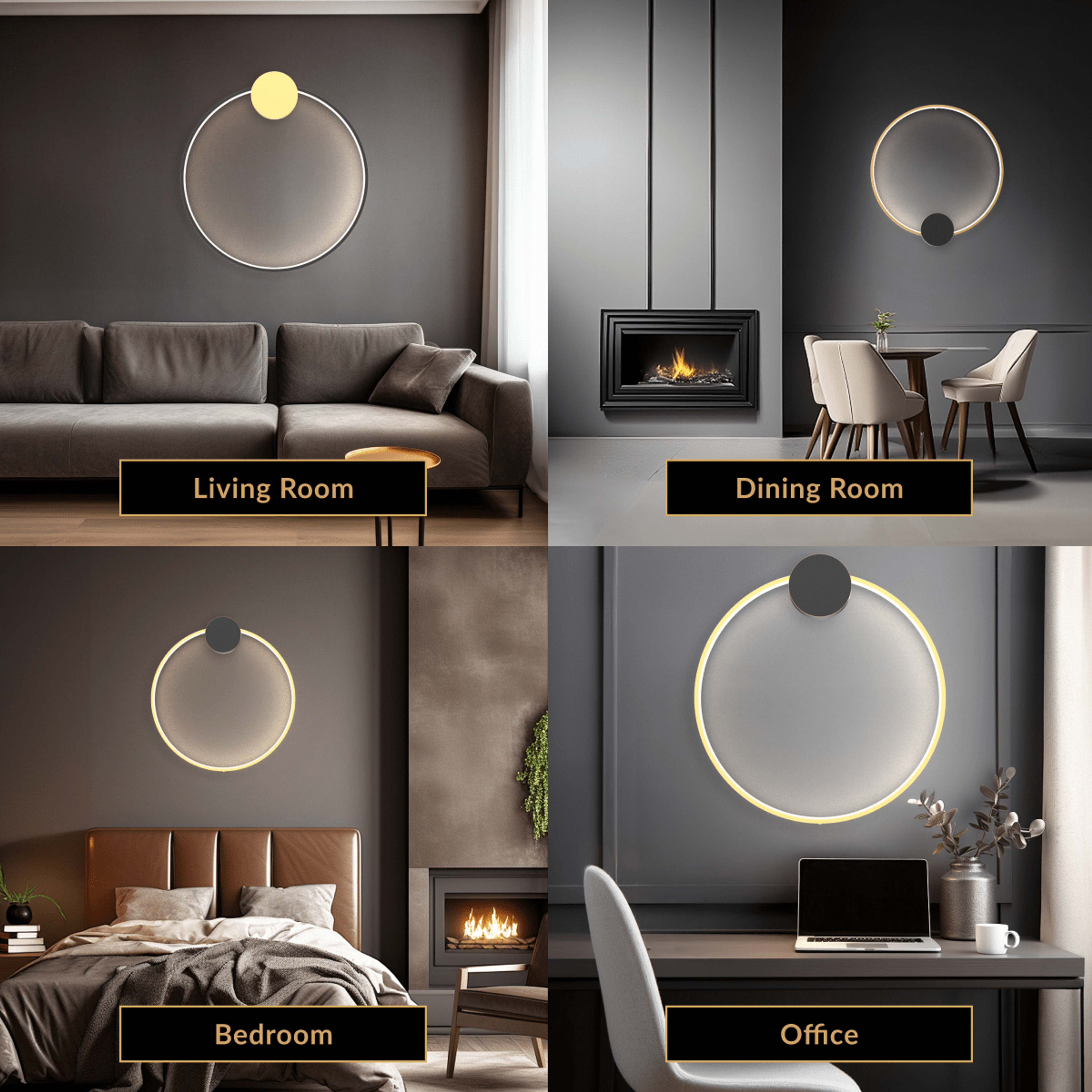 Halo wall lamp, black ring with warm LED edge and gold disc mounted above a sofa, bed and desk