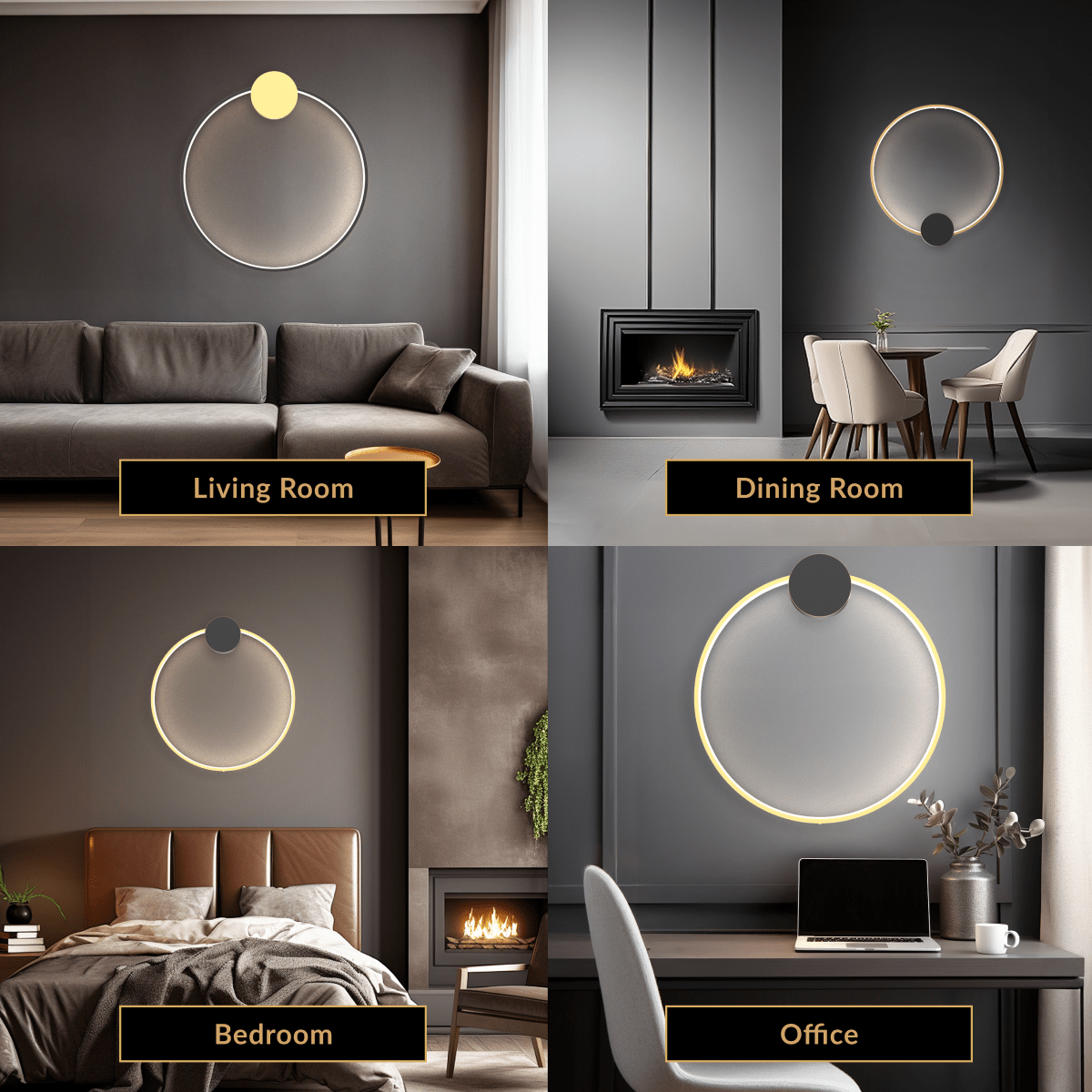 Halo wall lamp, black ring with warm LED edge and gold disc mounted above a sofa, bed and desk