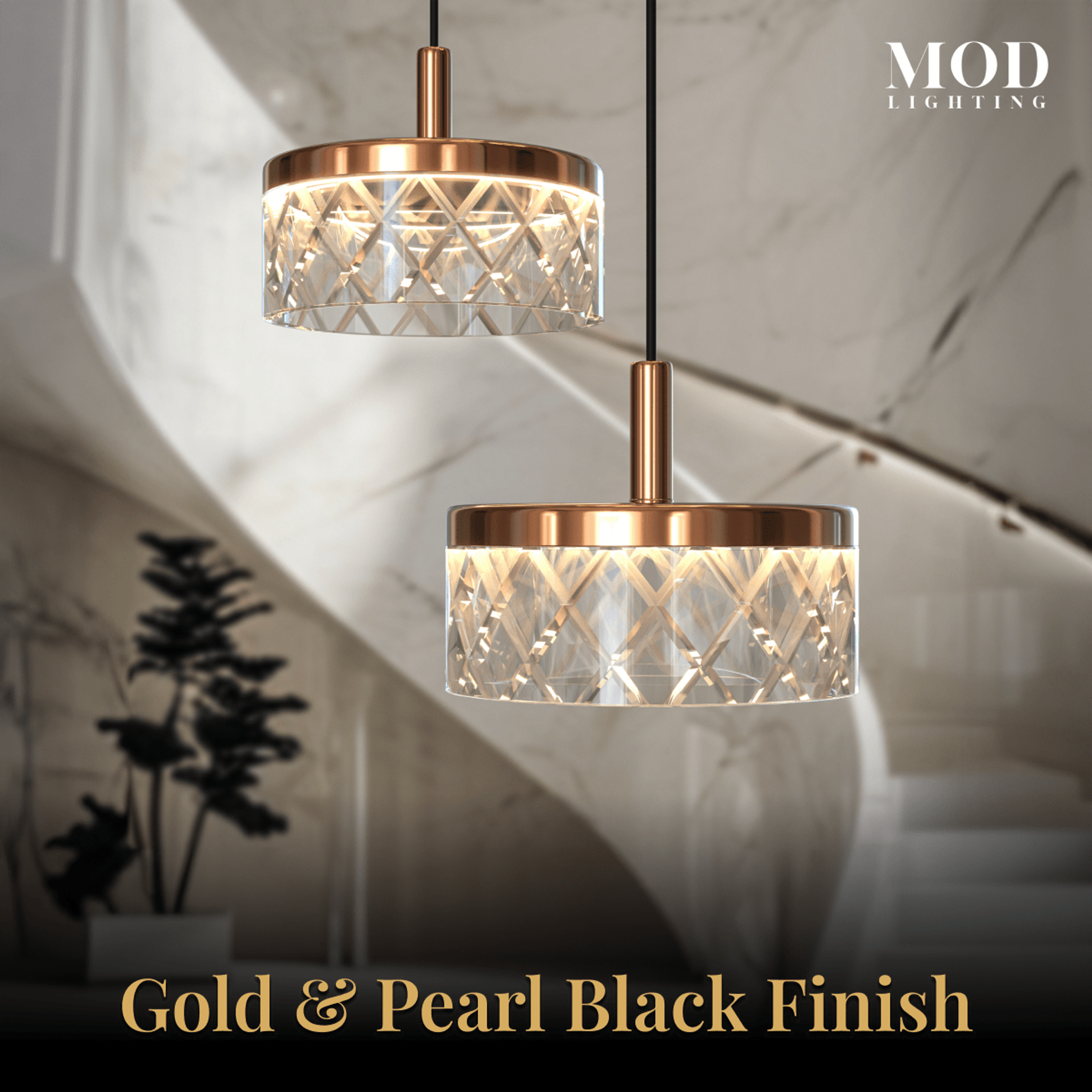Emma staircase chandelier, gold and pearl-black crystal drum pendants, close view of two lit shades against marble