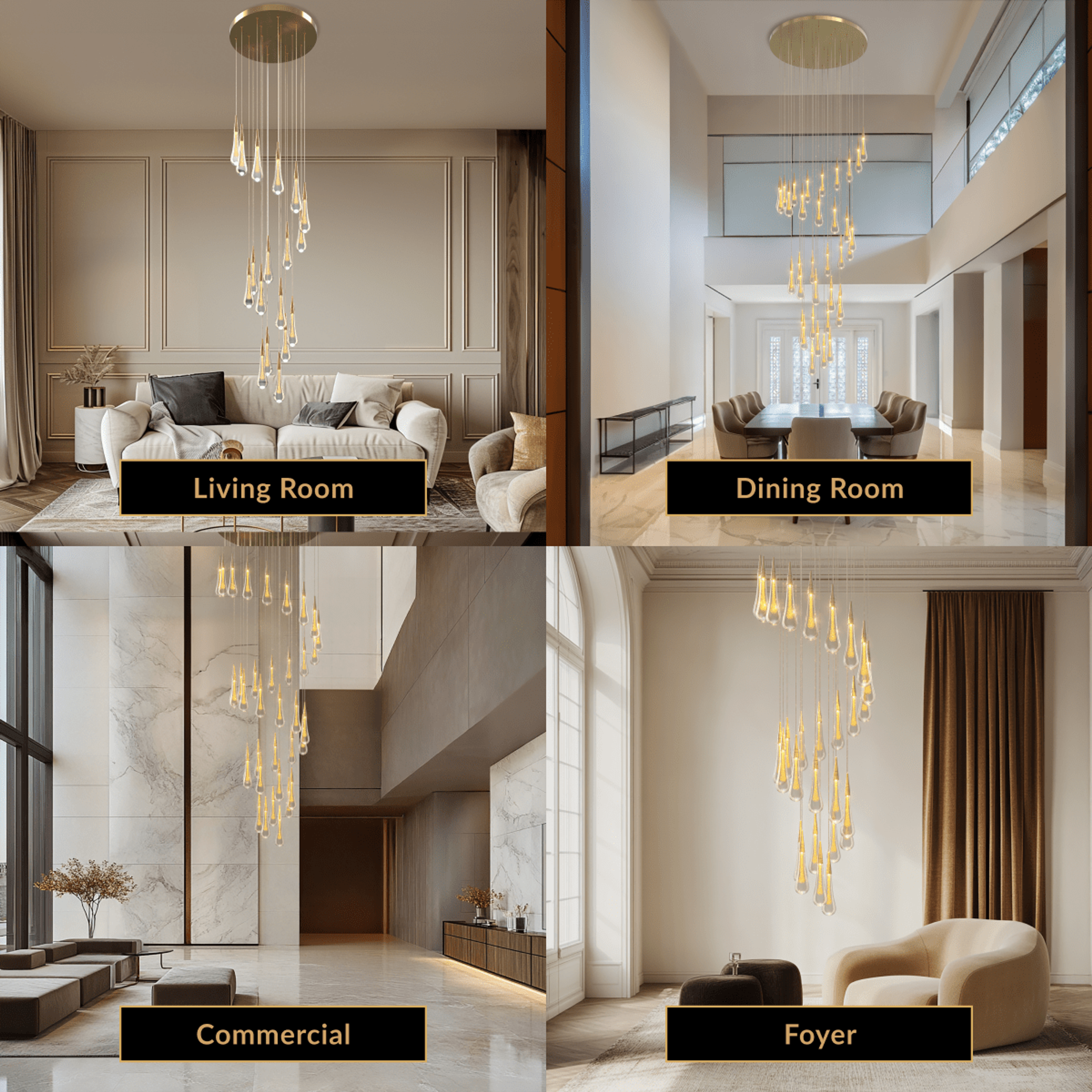 Indra chandelier, spiral of clear crystal droplets cascading down a double-height foyer and stairwell
