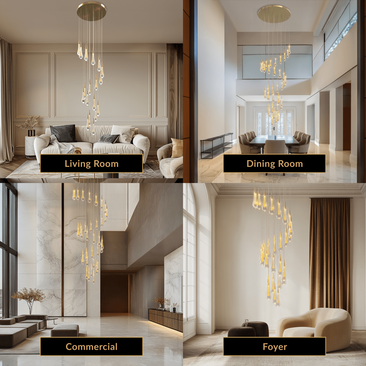 Indra chandelier, spiral of clear crystal droplets cascading down a double-height foyer and stairwell
