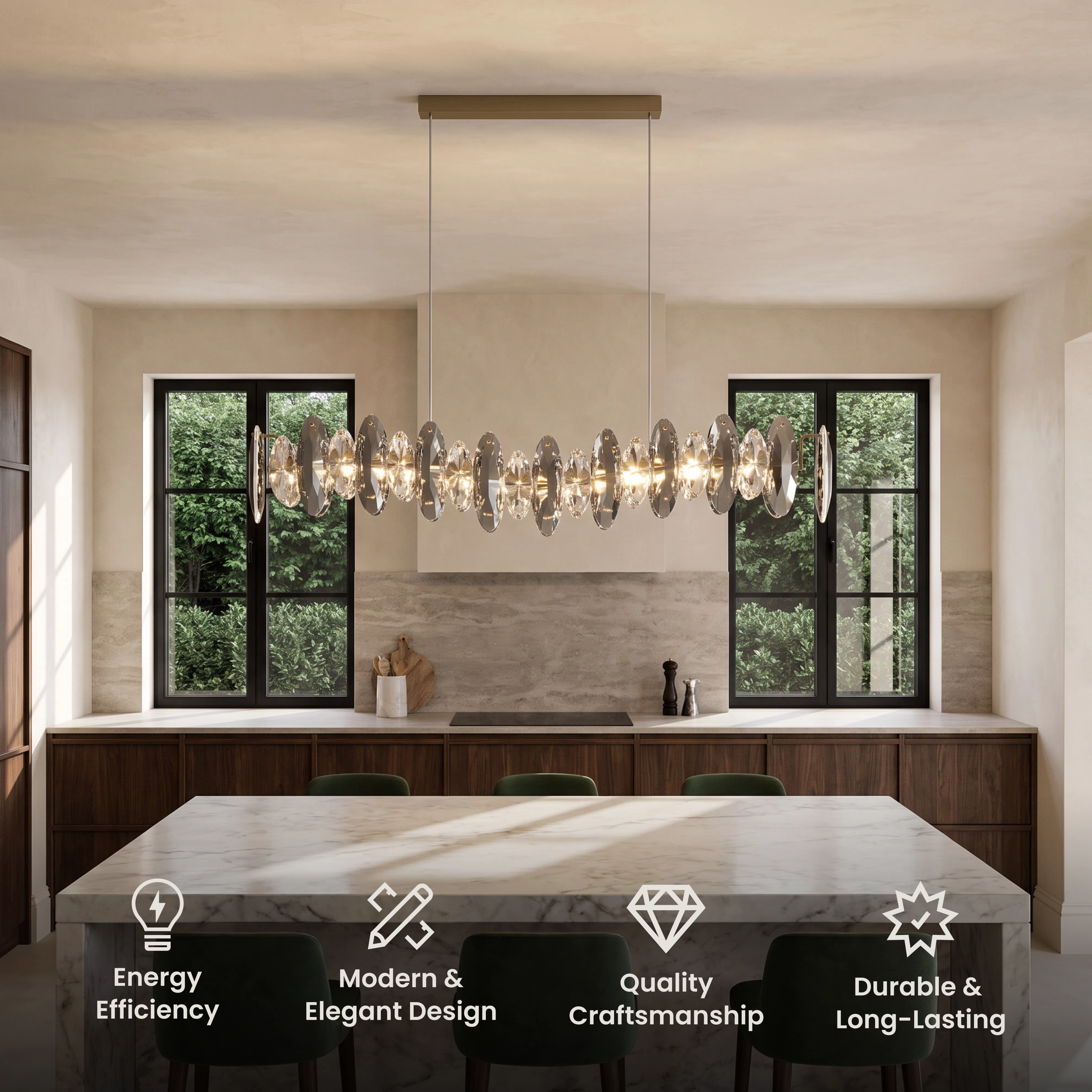 Celestial long gold linear pendant with hanging crystal rods over a dining table