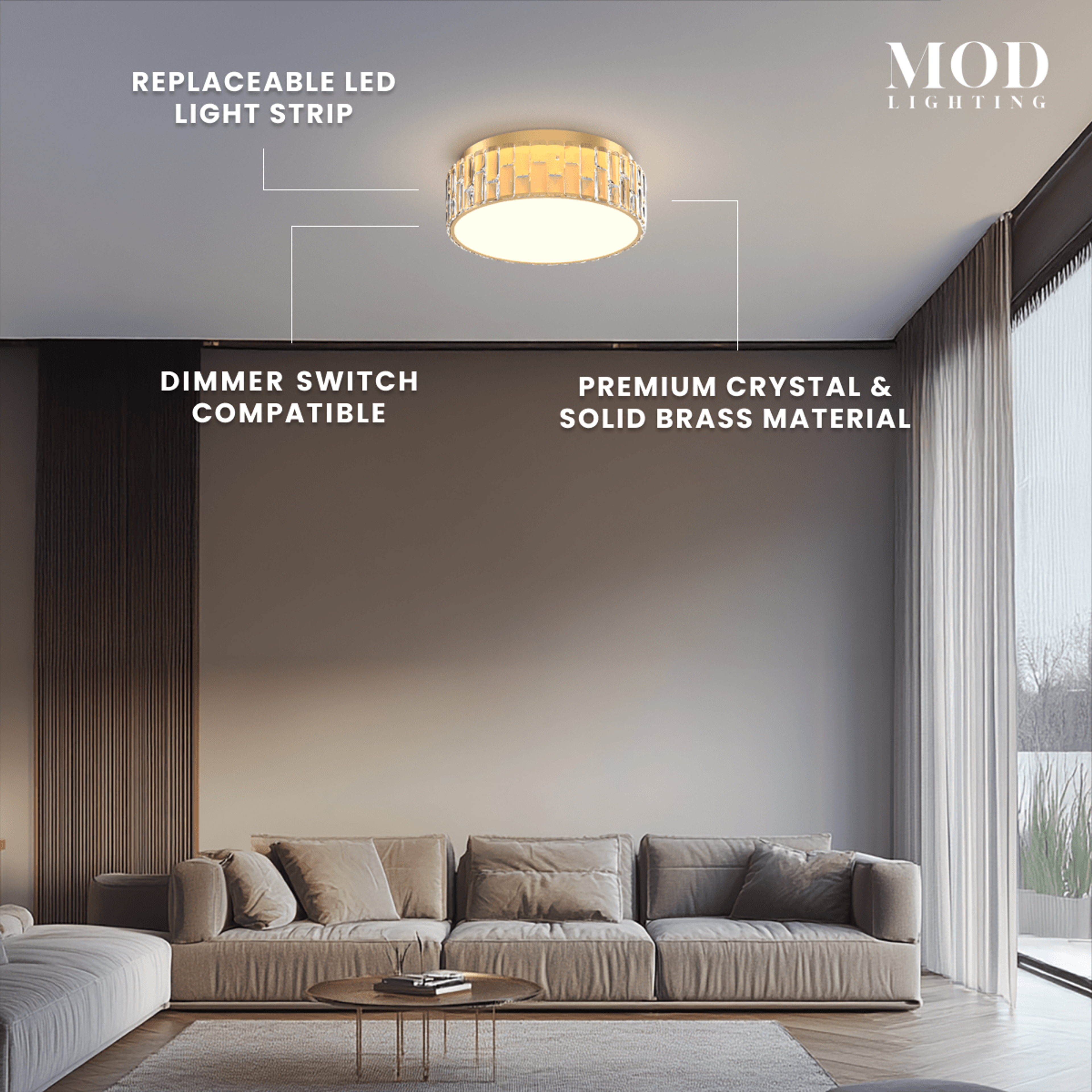 Elara brushed-gold crystal drum flush-mount on ceiling above a sofa, labeled dimmable with replaceable LED strip