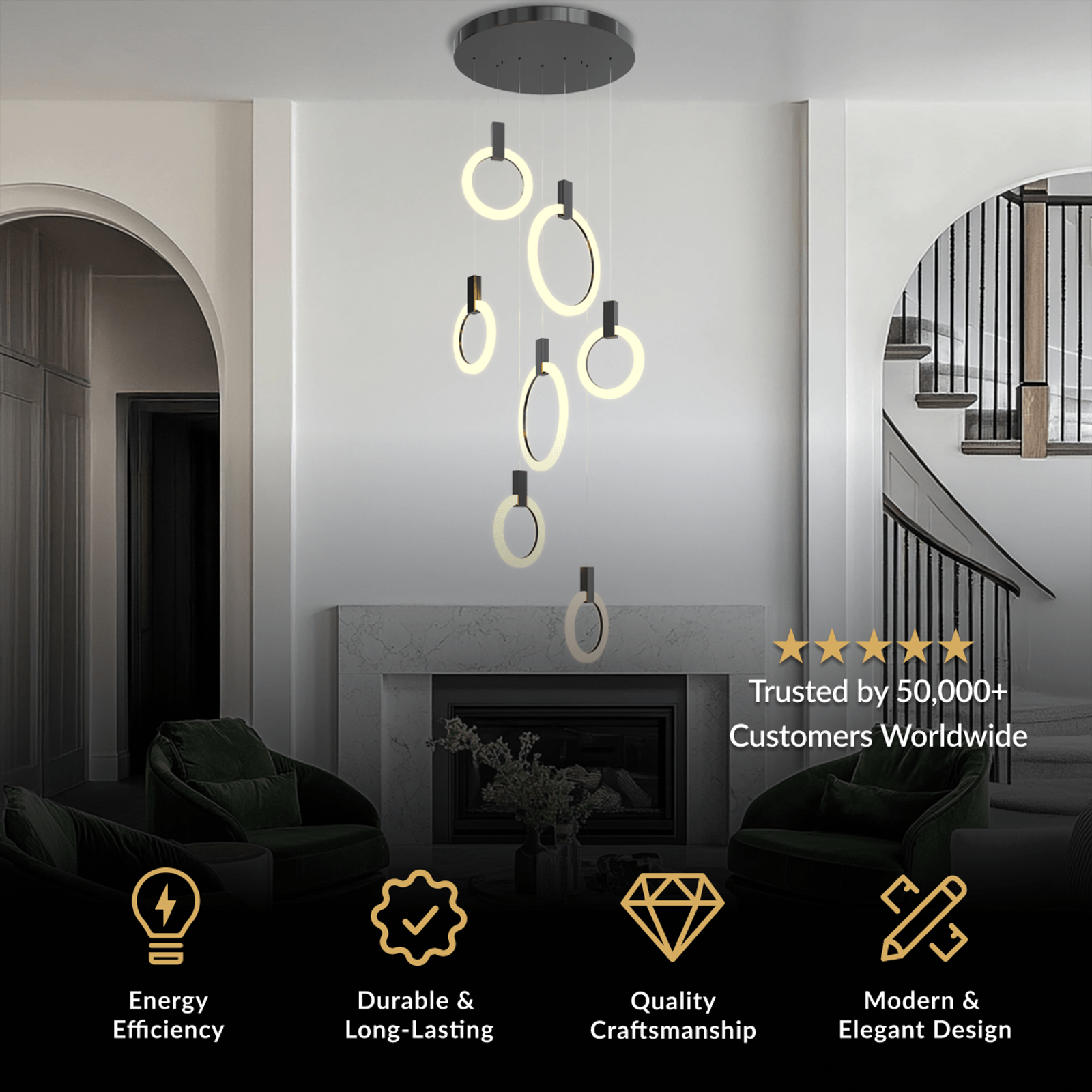 Skyla black staircase chandelier, cascading illuminated rings suspended in a two-story living space