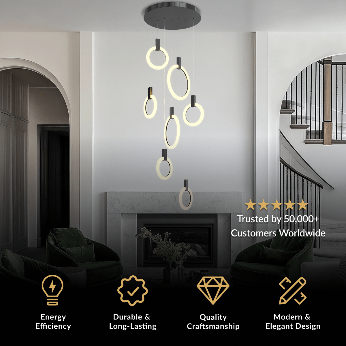 Skyla black staircase chandelier, cascading illuminated rings suspended in a two-story living space