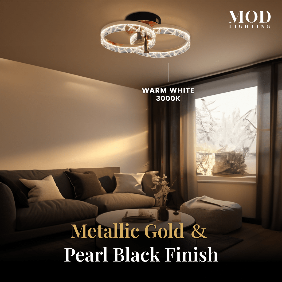 Clara gold and pearl-black crystal ring ceiling light in warm white over a living room, Warm White 3000K