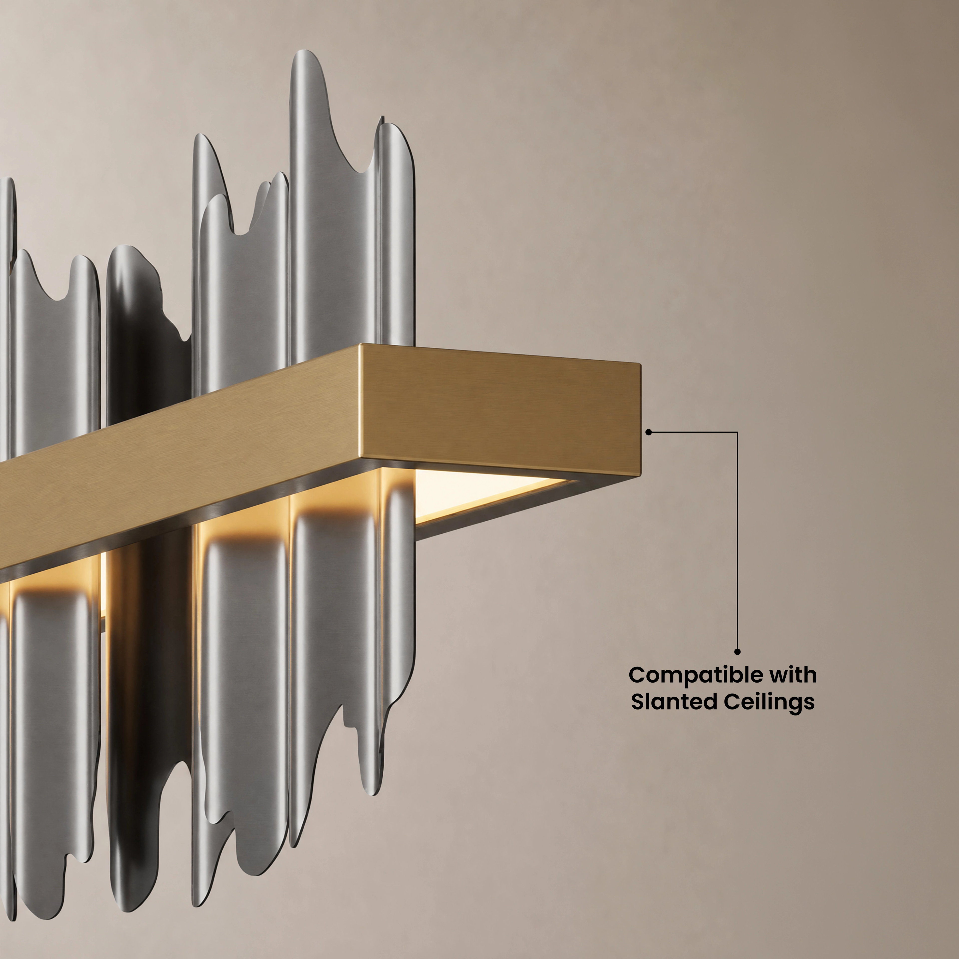 Close-up of the Aurelius Pendant Smart gold bar and black steel spikes, compatible with slanted ceilings