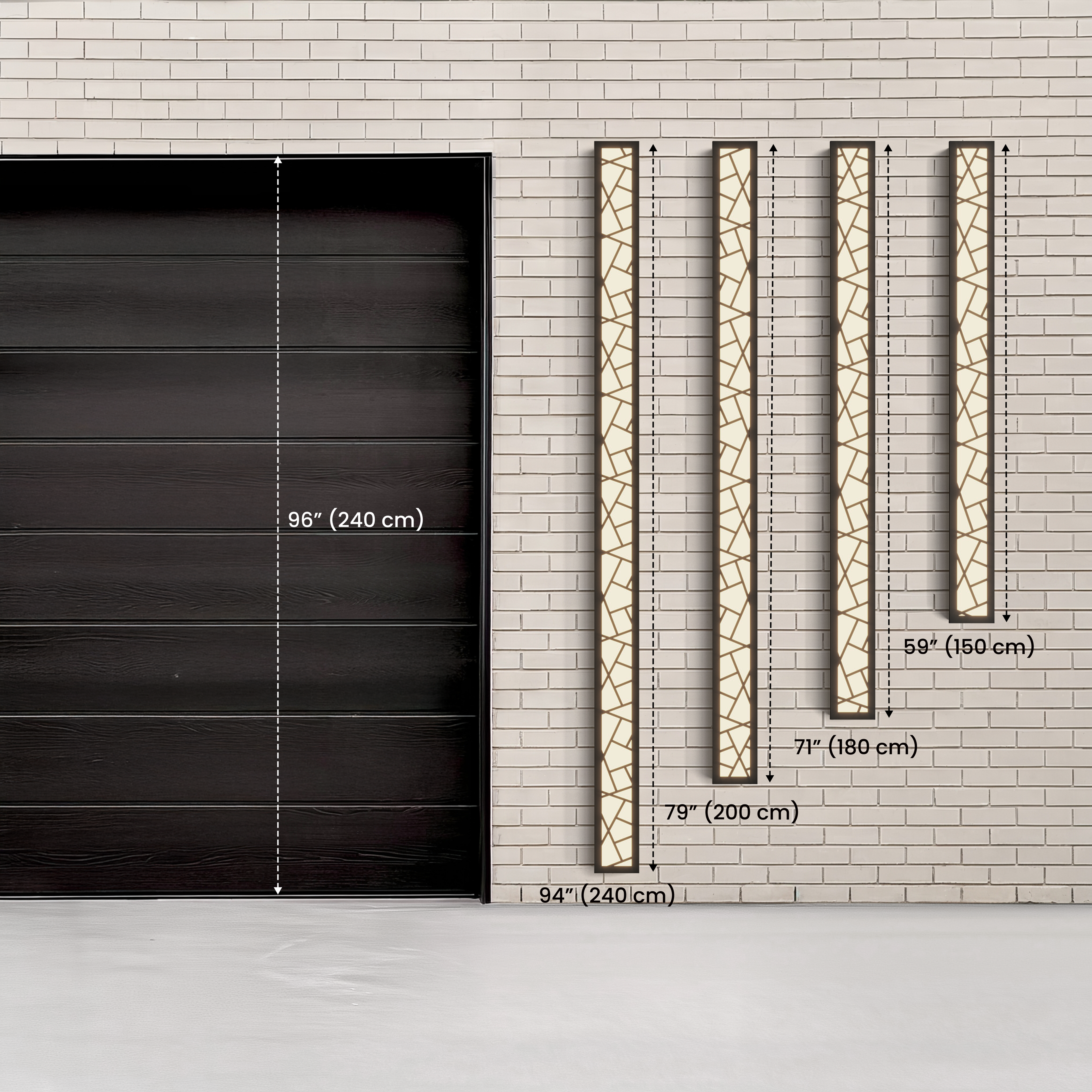 Harper Smart size guide: 59, 71, 79 and 94 inch lengths beside a 96 inch garage door for scale