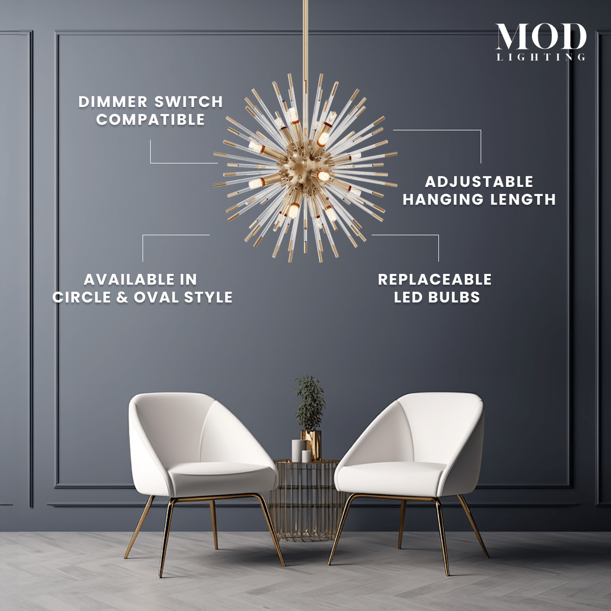 Pixie gold sputnik chandelier with glass-rod burst, feature callouts including circle and oval styles