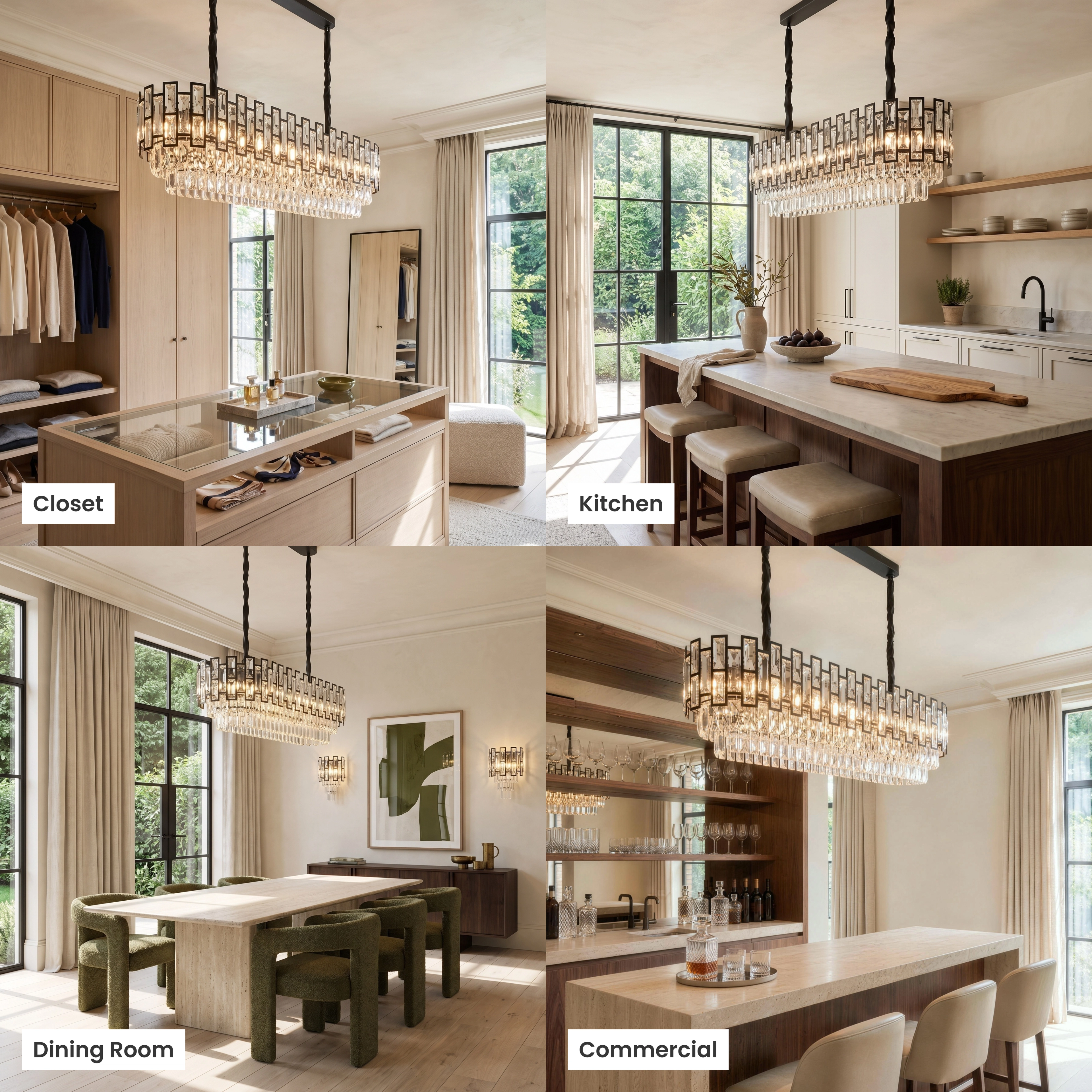 Raven black linear crystal pendant shown lit in four settings: living room, kitchen, dining room, commercial