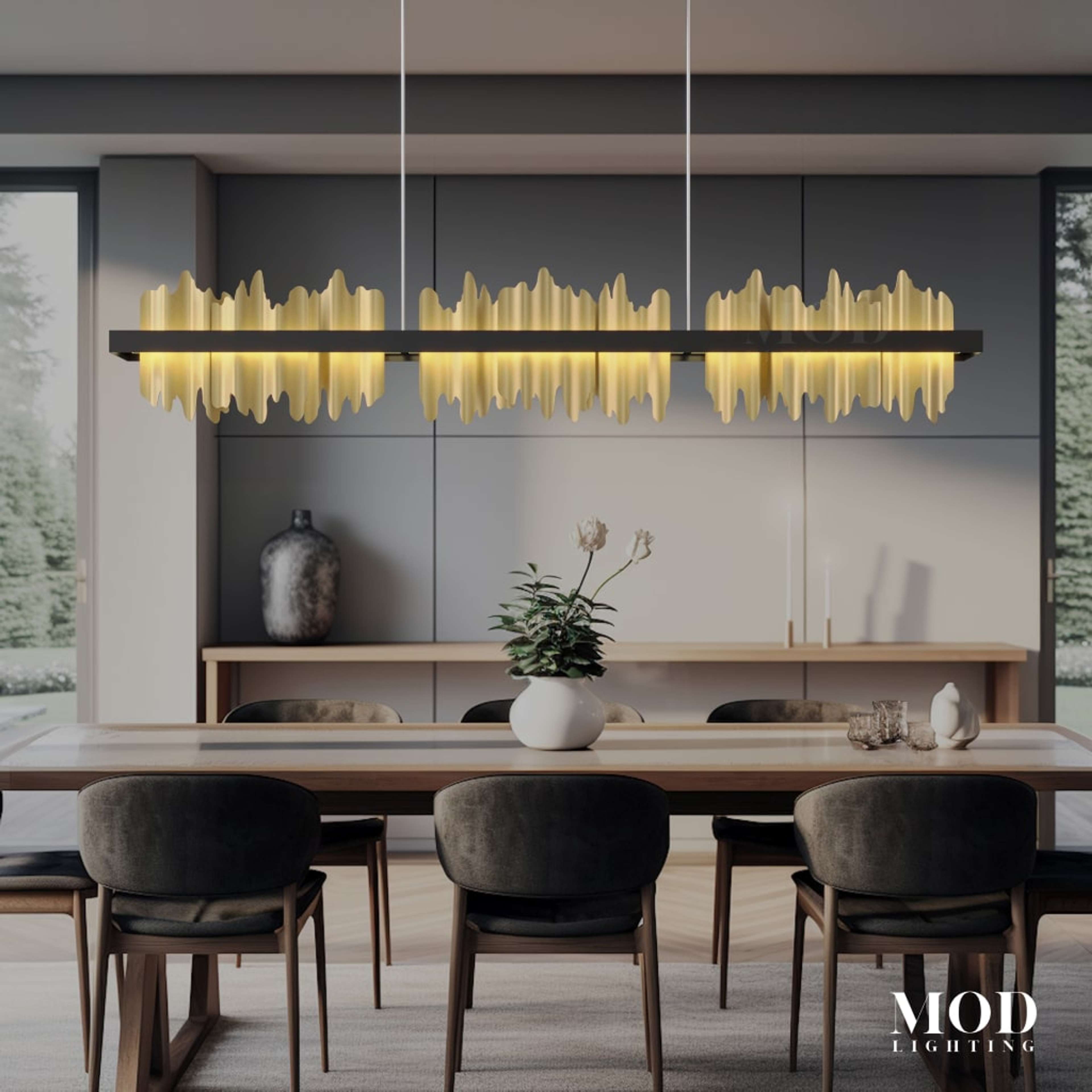 Aurelius black tube-cluster crystal pendants, three hung over a black marble kitchen island