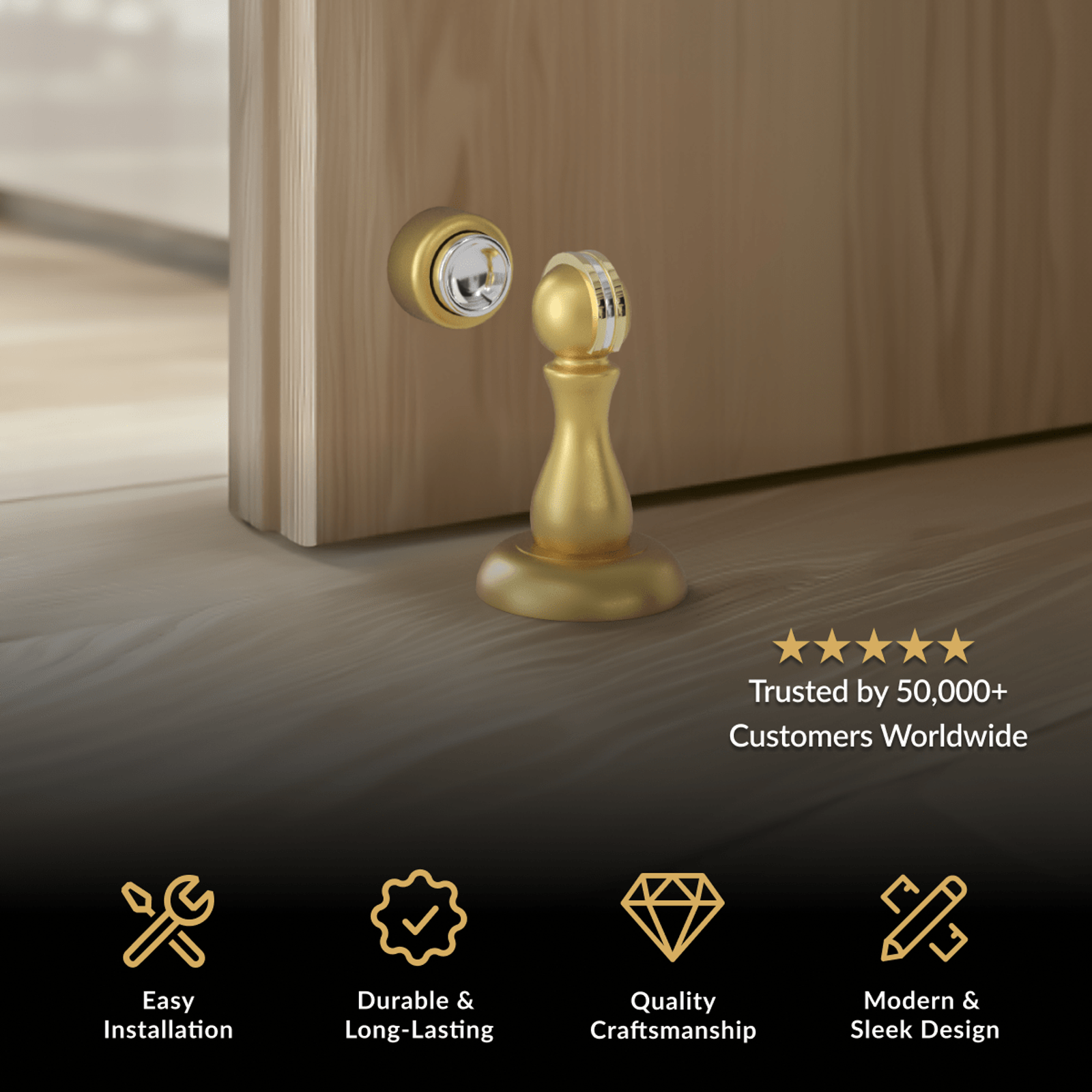 Rivo Door Stop, brushed gold and black cylindrical floor-mounted stop beside a wood door