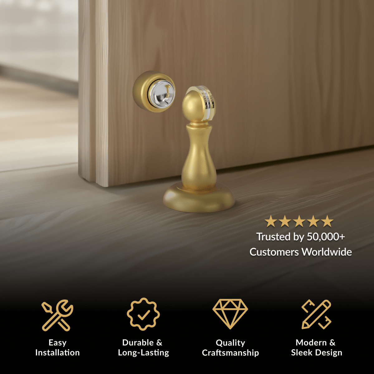 Rivo Door Stop, brushed gold and black cylindrical floor-mounted stop beside a wood door