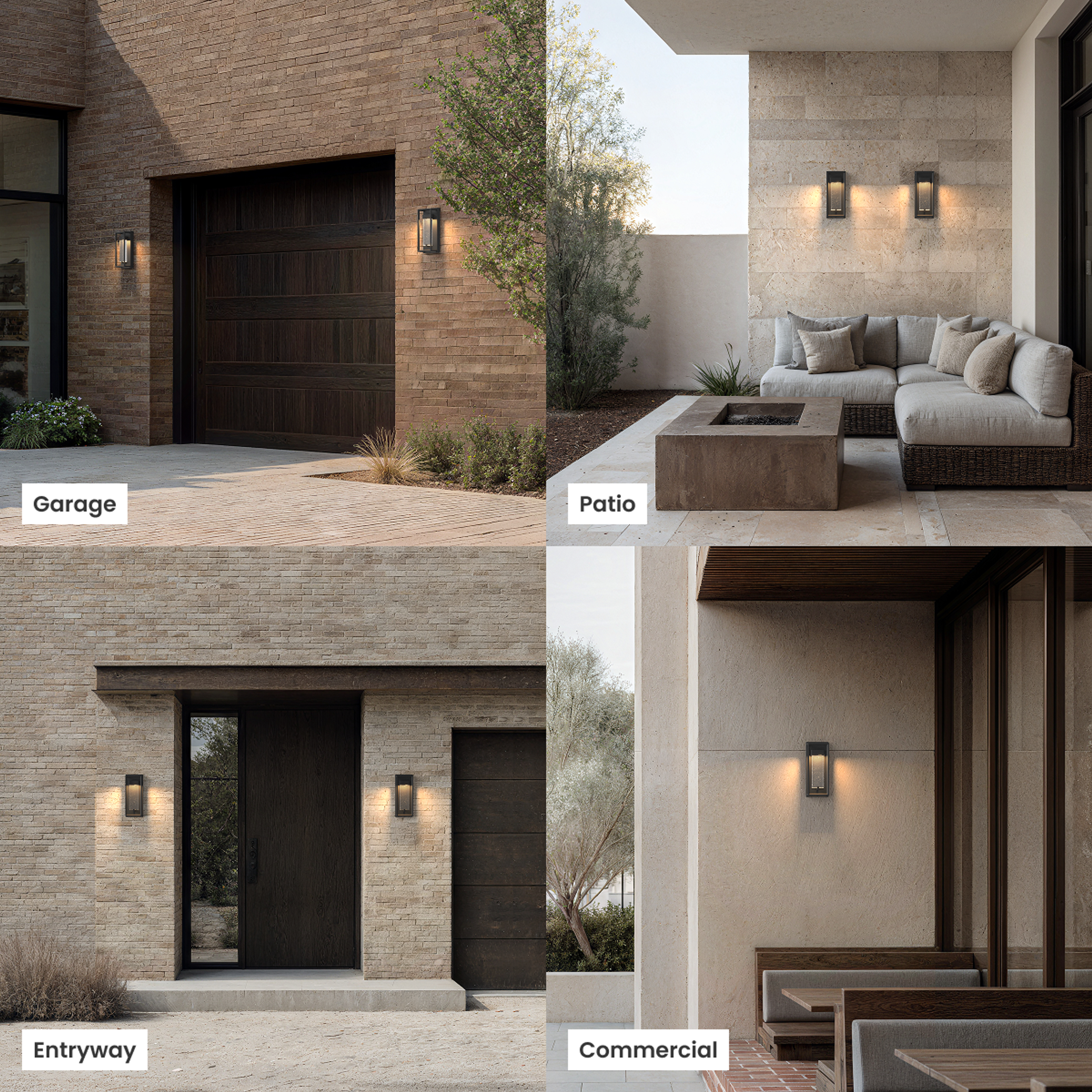 Aura black outdoor sconces shown in four settings: garage, patio, entryway and commercial exteriors