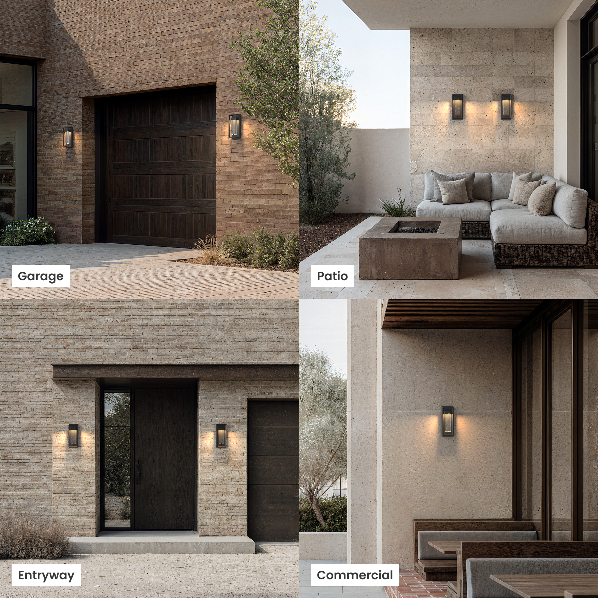 Aura black outdoor sconces shown in four settings: garage, patio, entryway and commercial exteriors