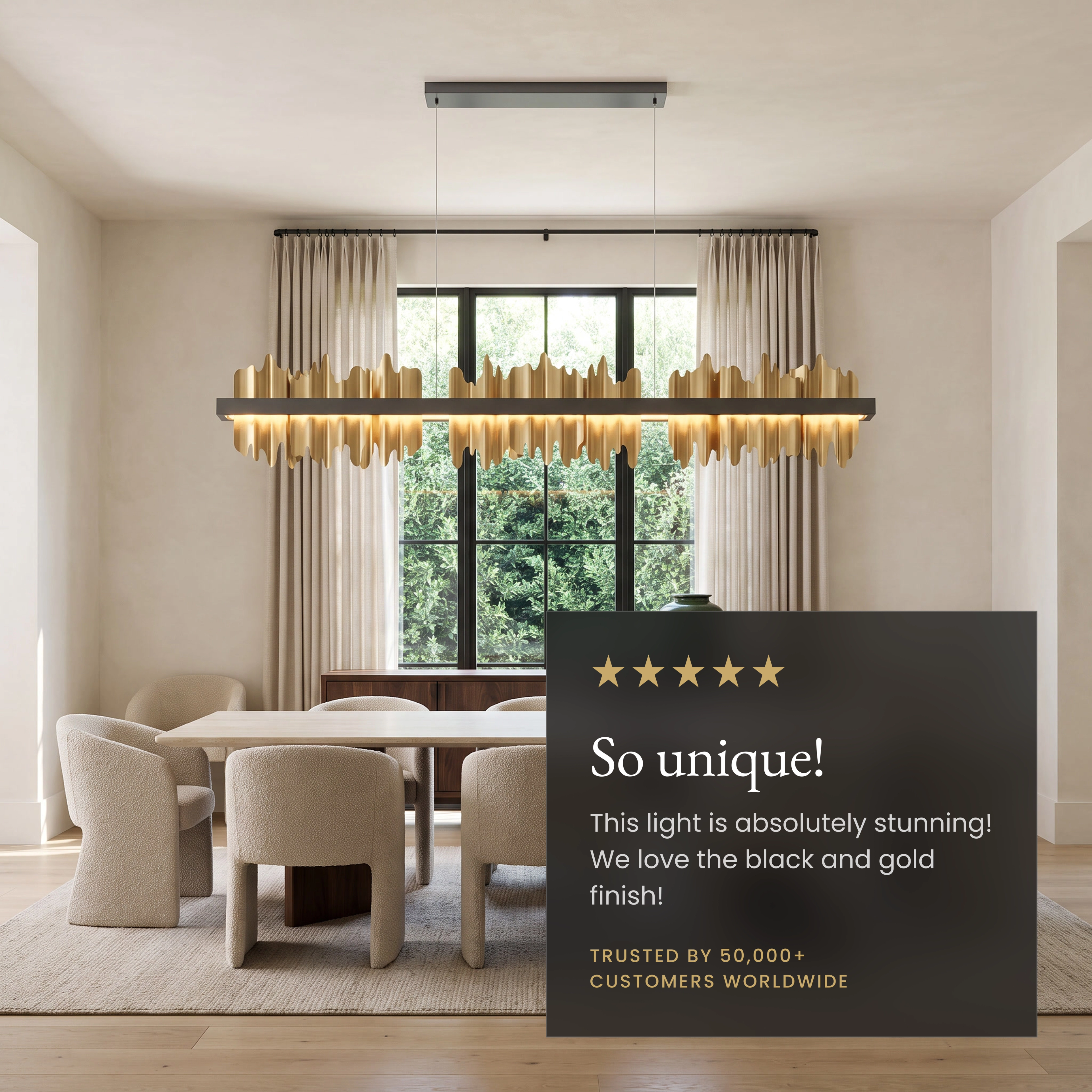 Aurelius Pendant gold linear crystal bar chandelier over a dining table with feature callouts