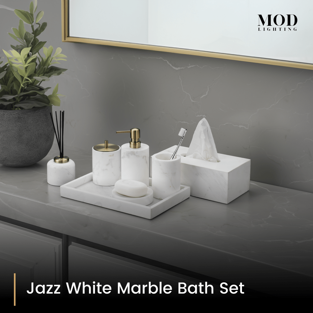 Jazz White Marble Bath Set with matching tissue box on a tray on a grey vanity below a mirror