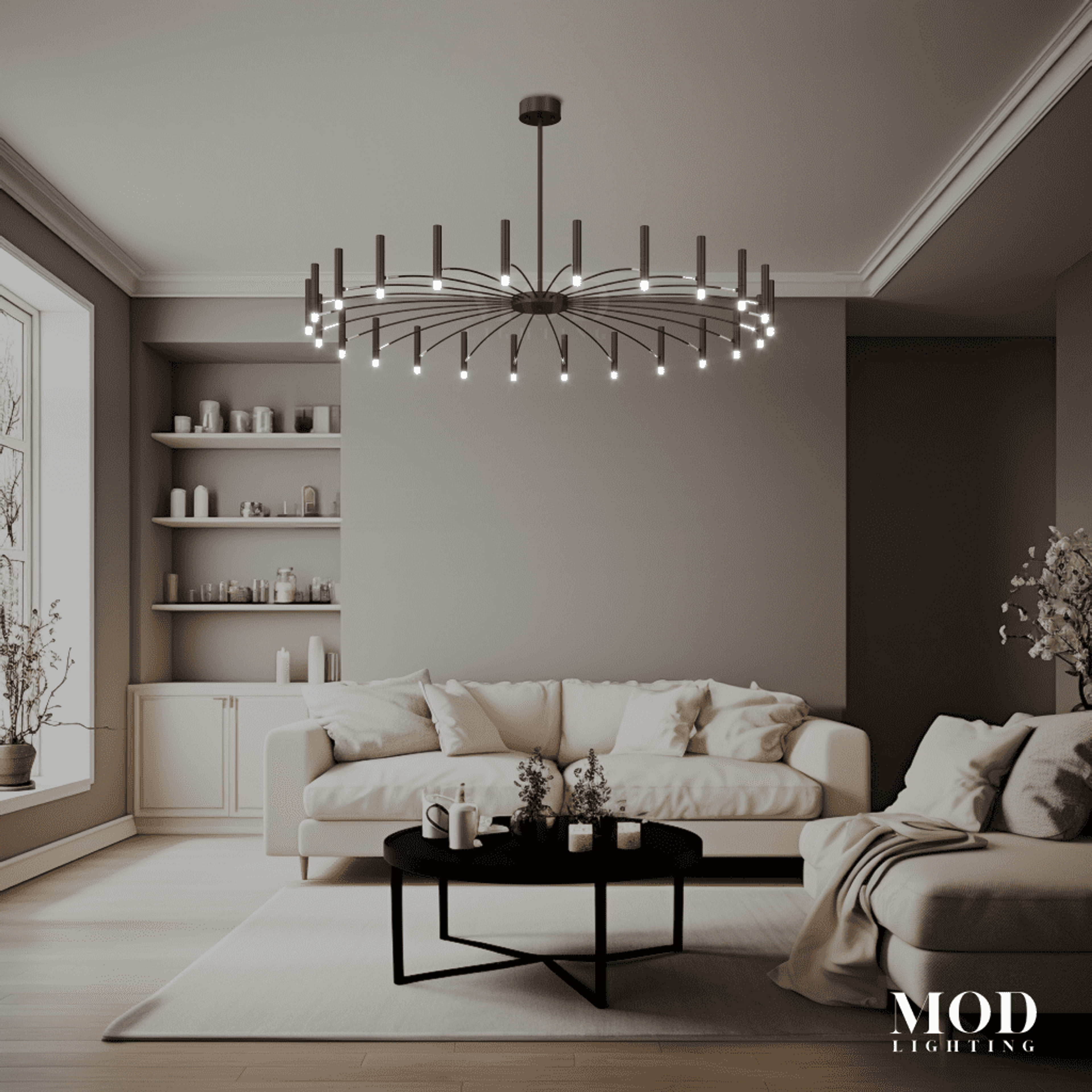 Kendall black ring chandelier with candle-style LED bulbs over a sofa in a neutral living room
