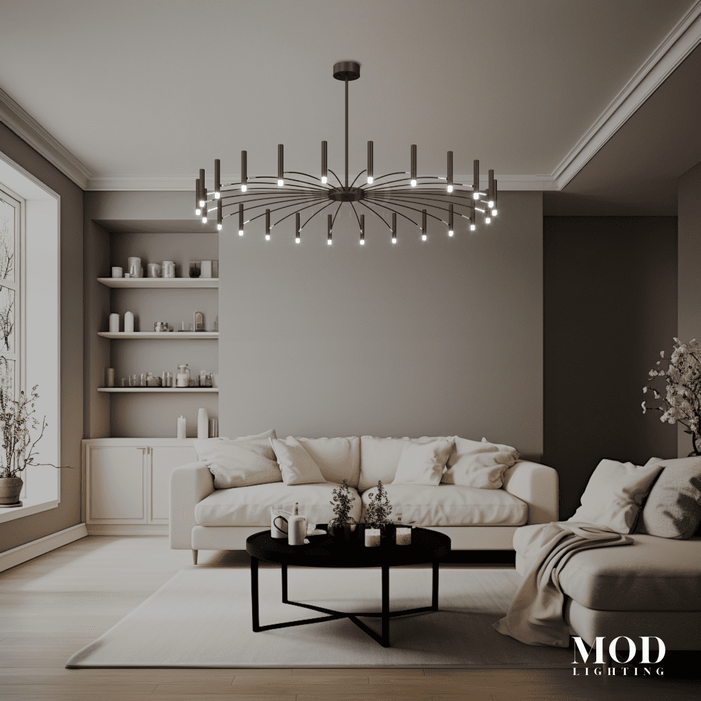 Kendall black ring chandelier with candle-style LED bulbs over a sofa in a neutral living room