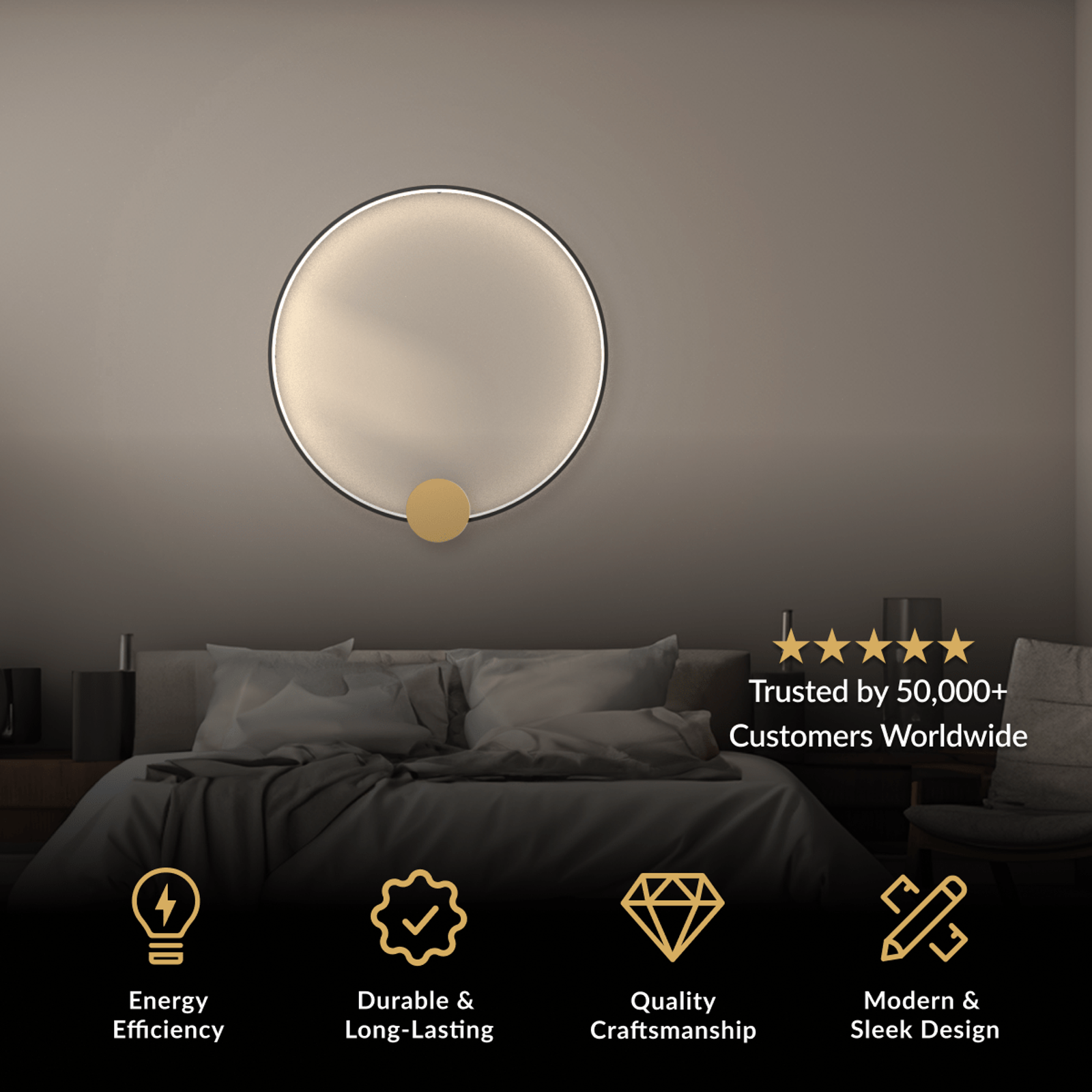 Halo black round disc wall lamp with a small gold accent, glowing sun-like rim, above a bed