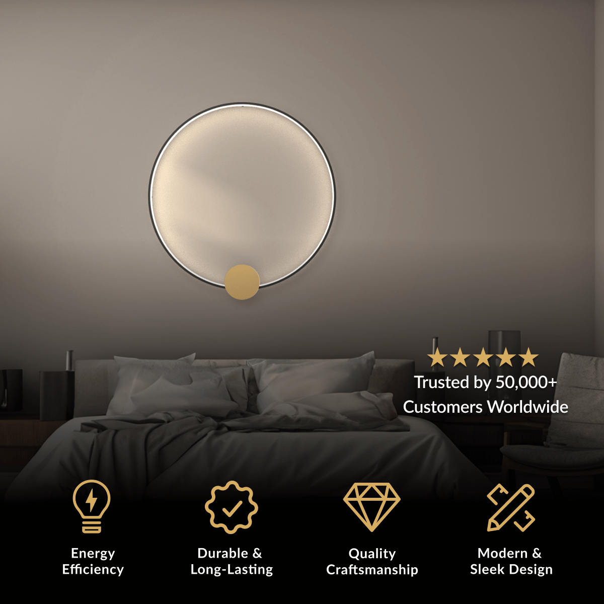 Halo black round disc wall lamp with a small gold accent, glowing sun-like rim, above a bed