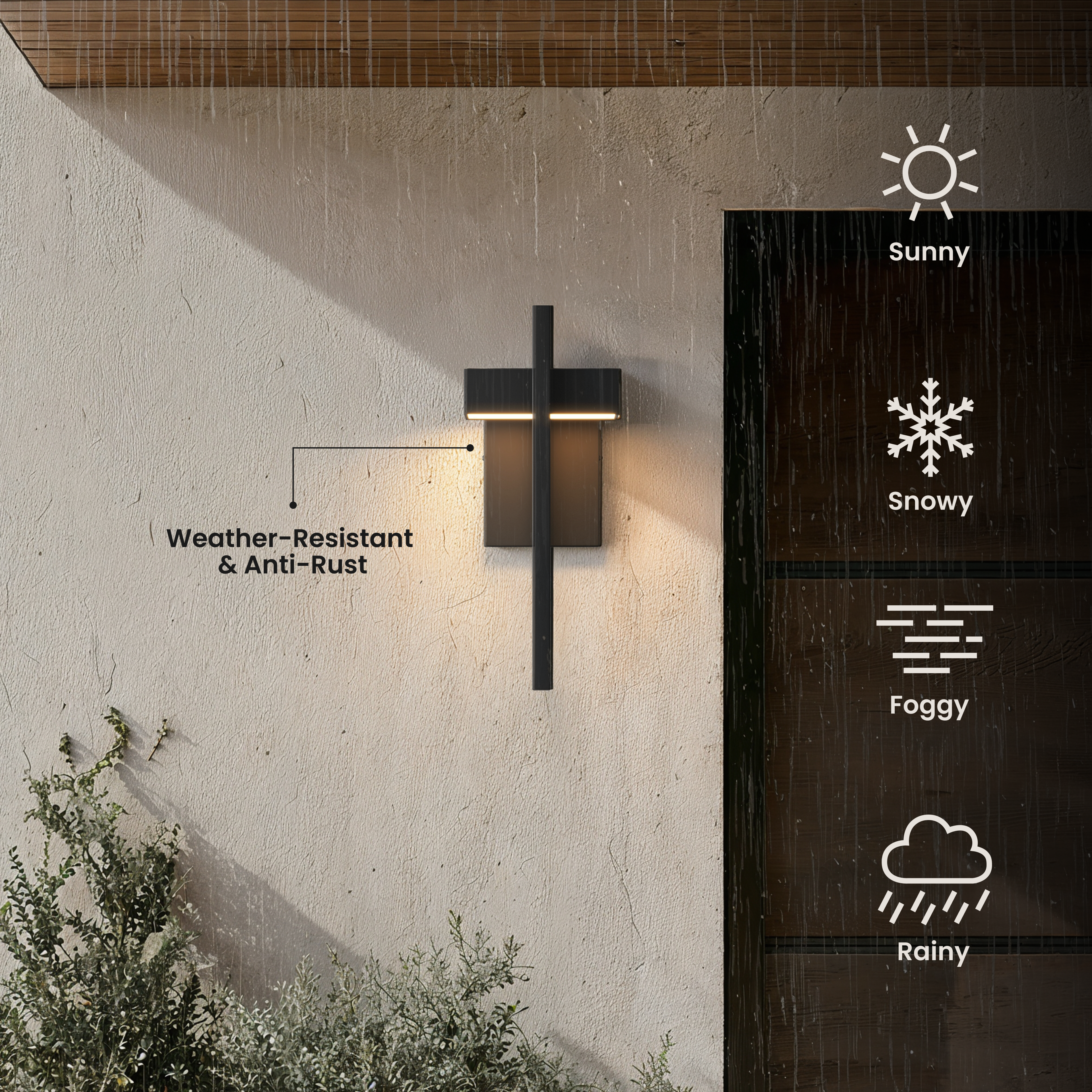 Terri Smart black outdoor sconce on a rain-streaked wall, marked weather-resistant and anti-rust for all seasons