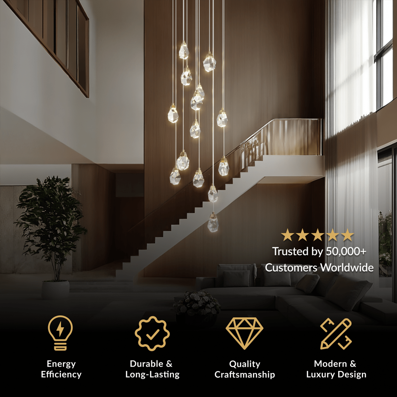 Hailstone chandelier, long cascade of clear crystal spheres on a staircase in a double-height stairwell