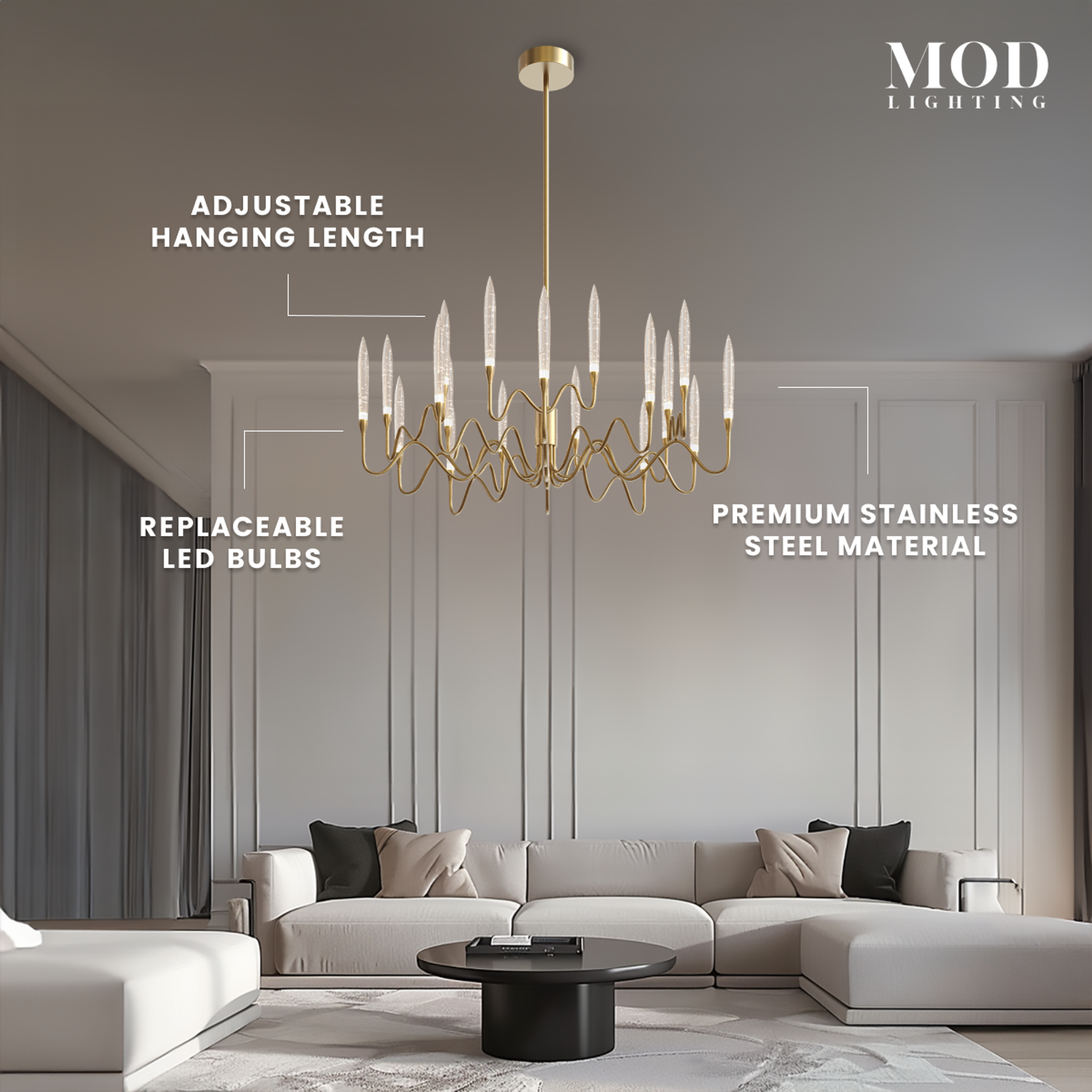 Kanderella gold candle-branch chandelier with crystal tips over a dining table, feature callouts for its parts