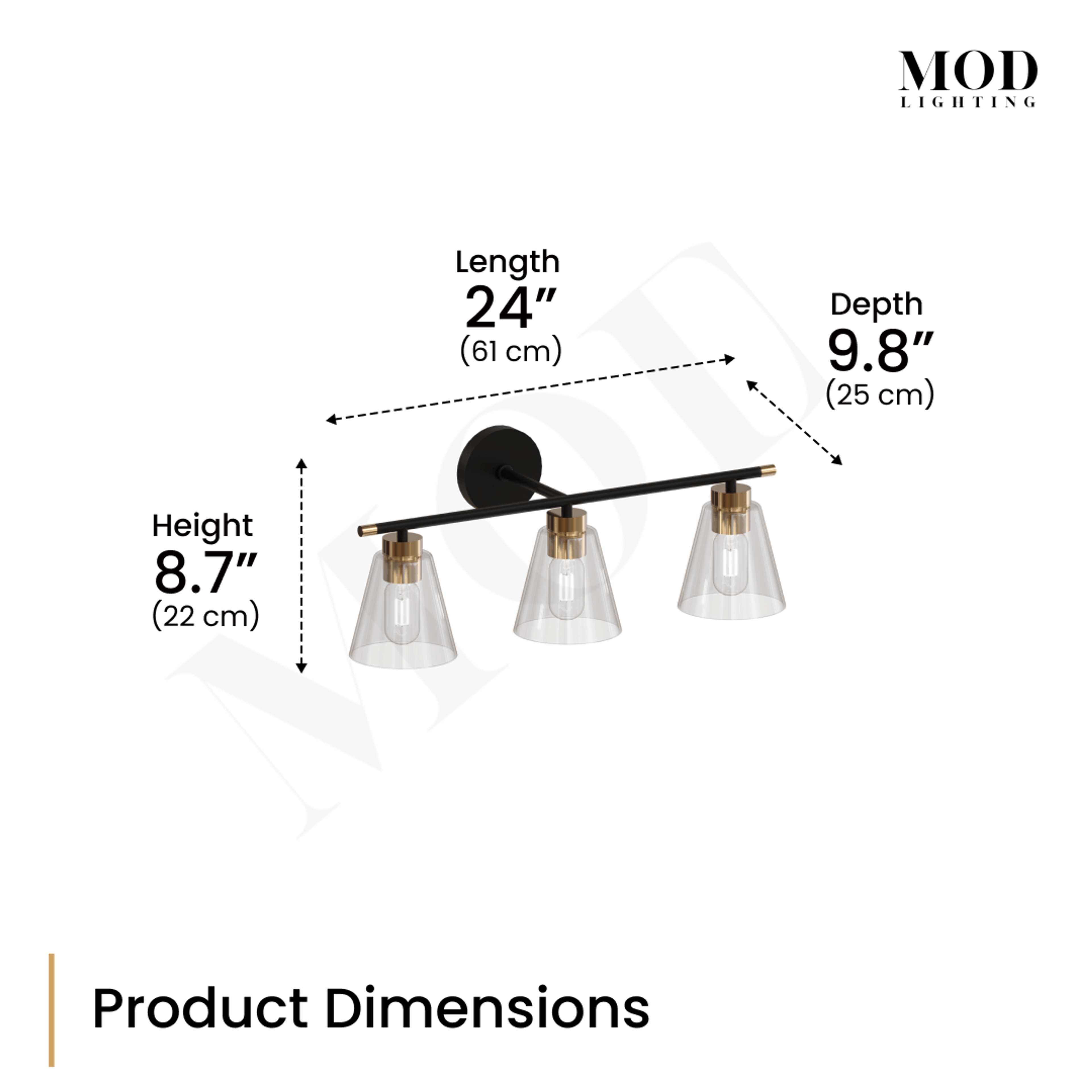 Sienna vanity light dimension diagram: 24 in length, 8.7 in height, 9.8 in depth, three flared glass shades